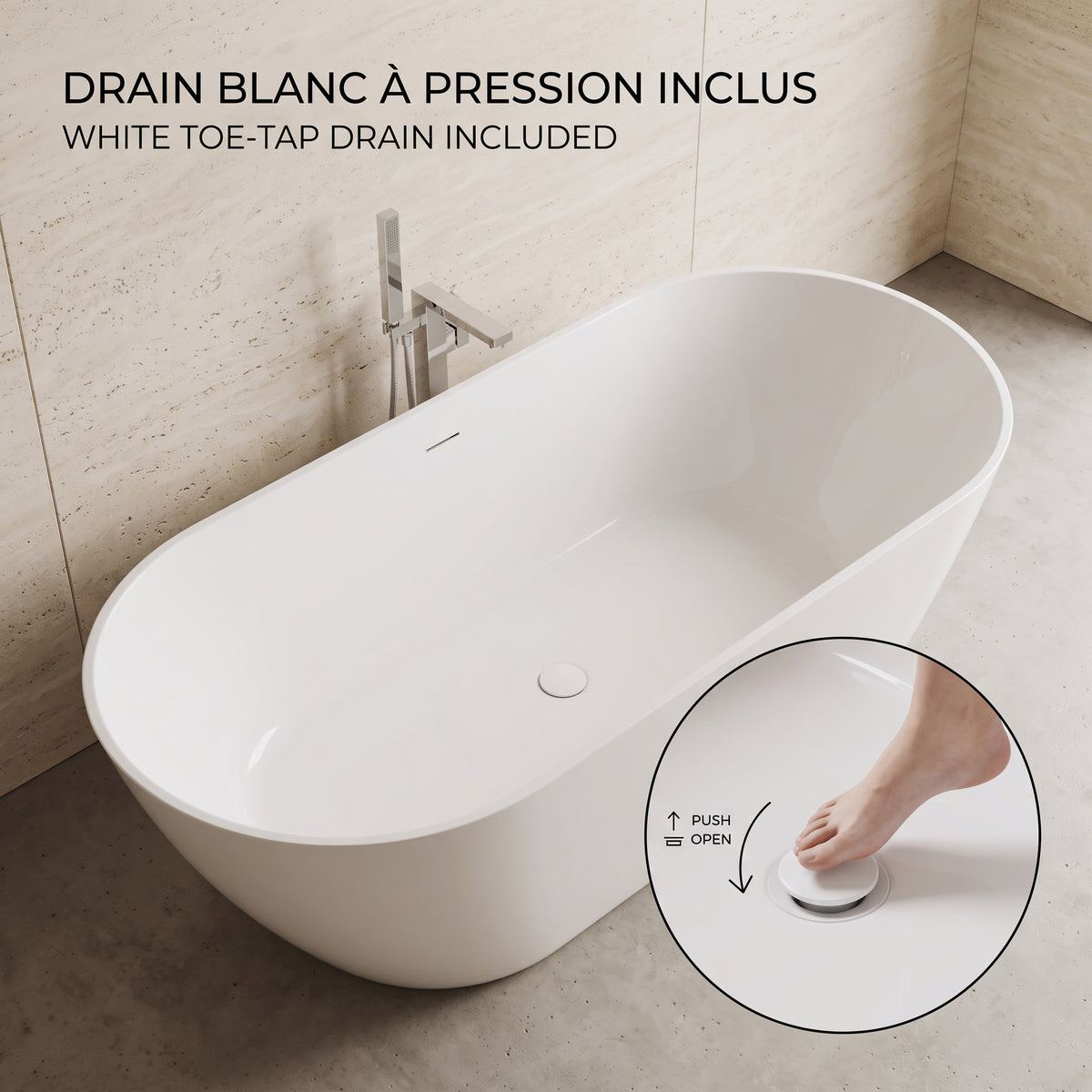 Baignoire autoportante Fiora 67po en acrylique blanc lustré