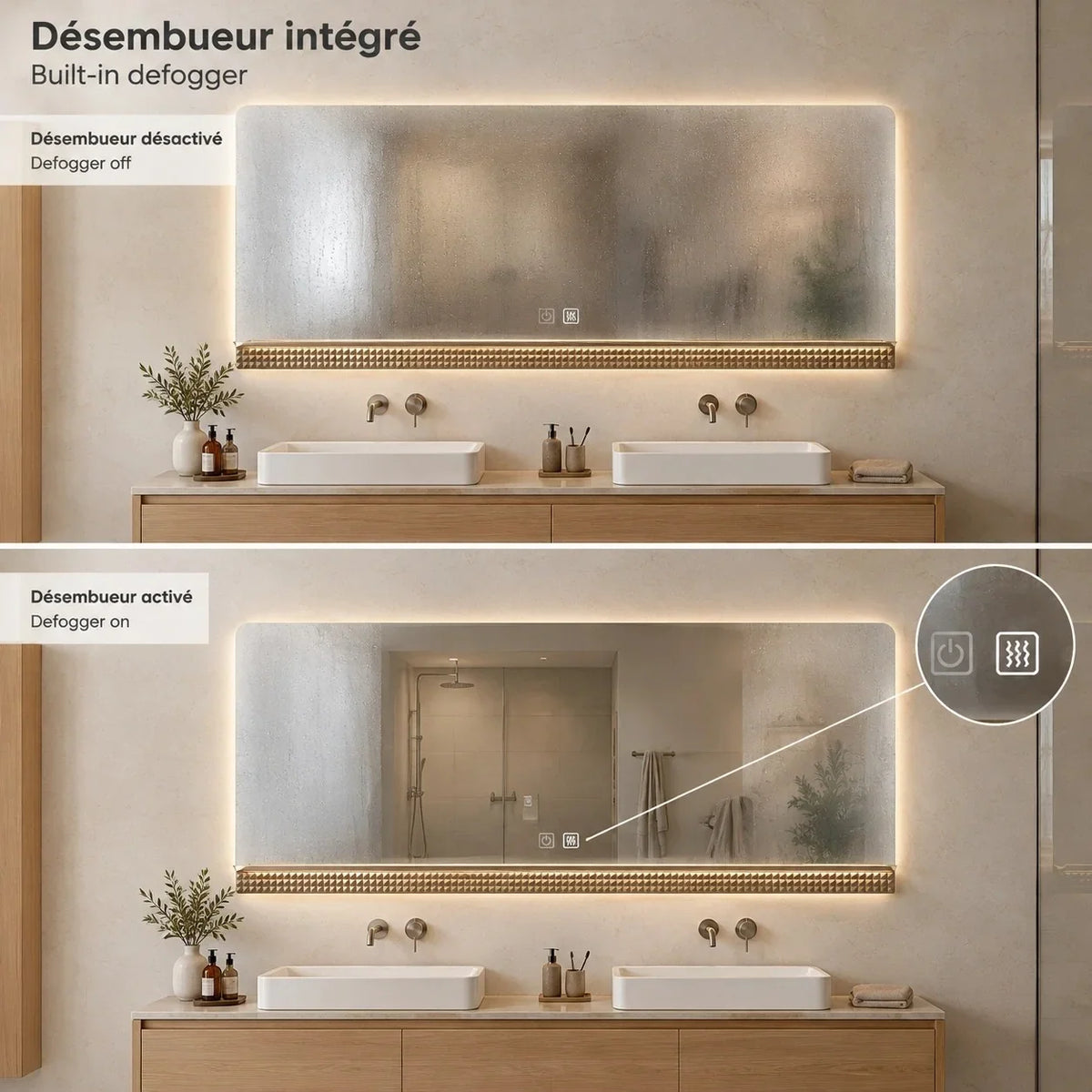 Miroir de salle de bain LED champagne 69 po 