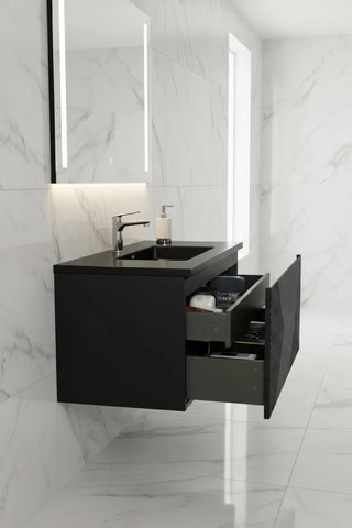 Meuble-lavabo mural noir 40" avec Comptoir en quartz noir conçu Roxboro