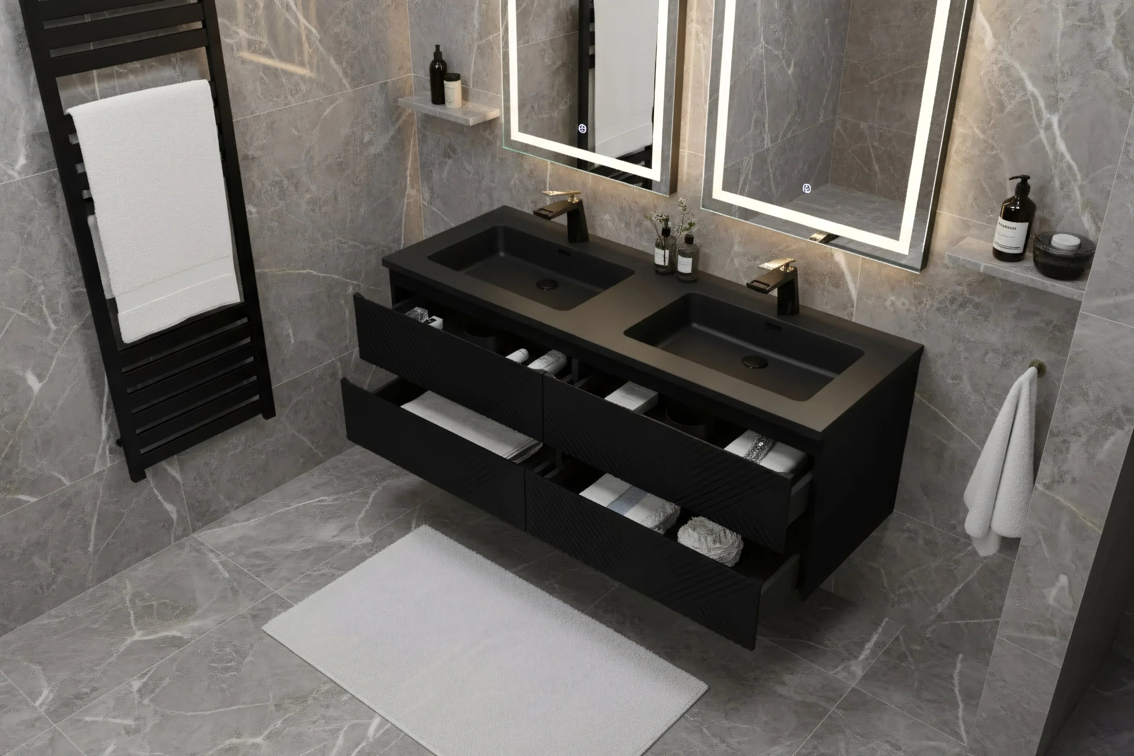 Meuble-lavabo mural noir 60" avec Comptoir en quartz technique noir