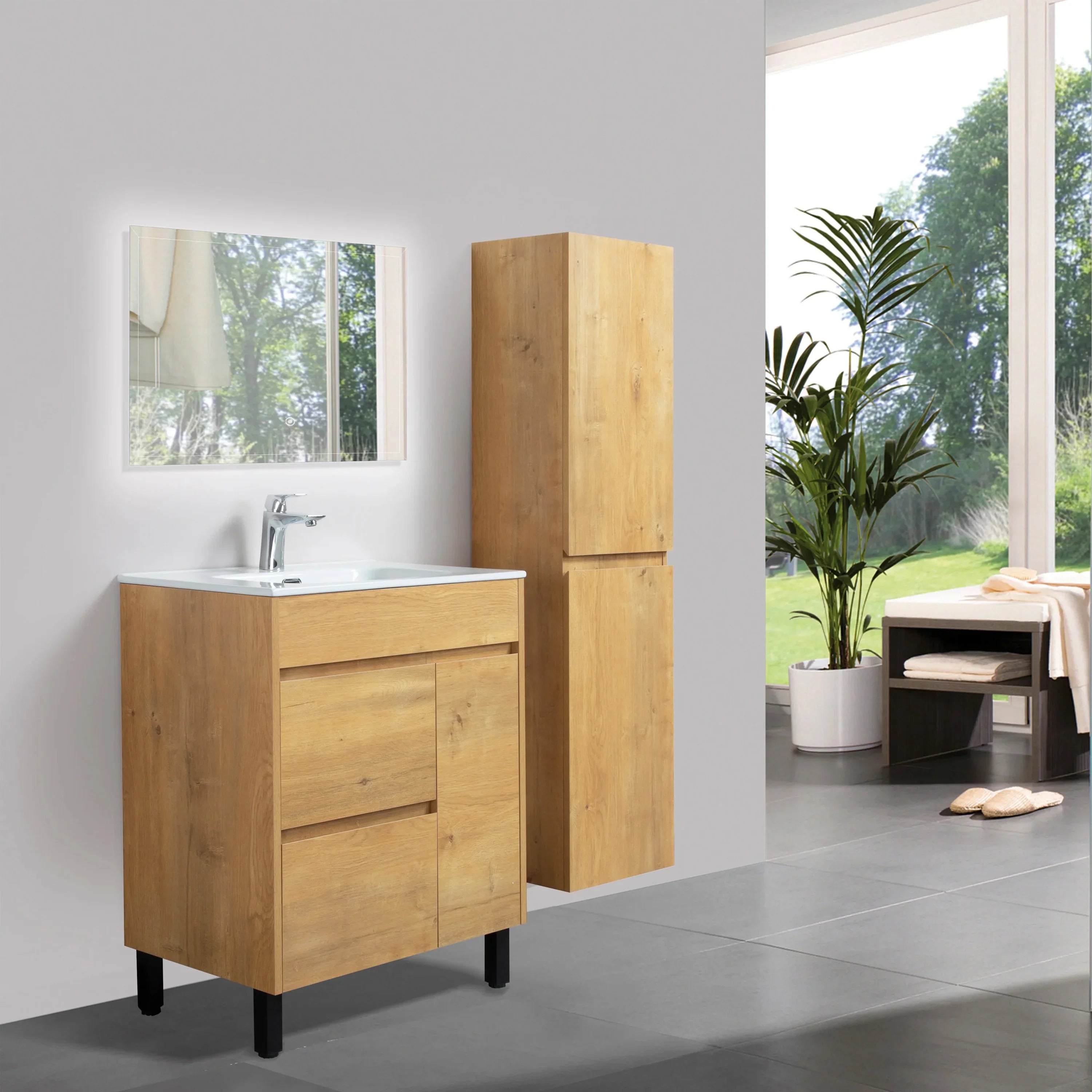 30" Frosted Oak Freestanding Bathroom Vanity with White Ceramic Countertop