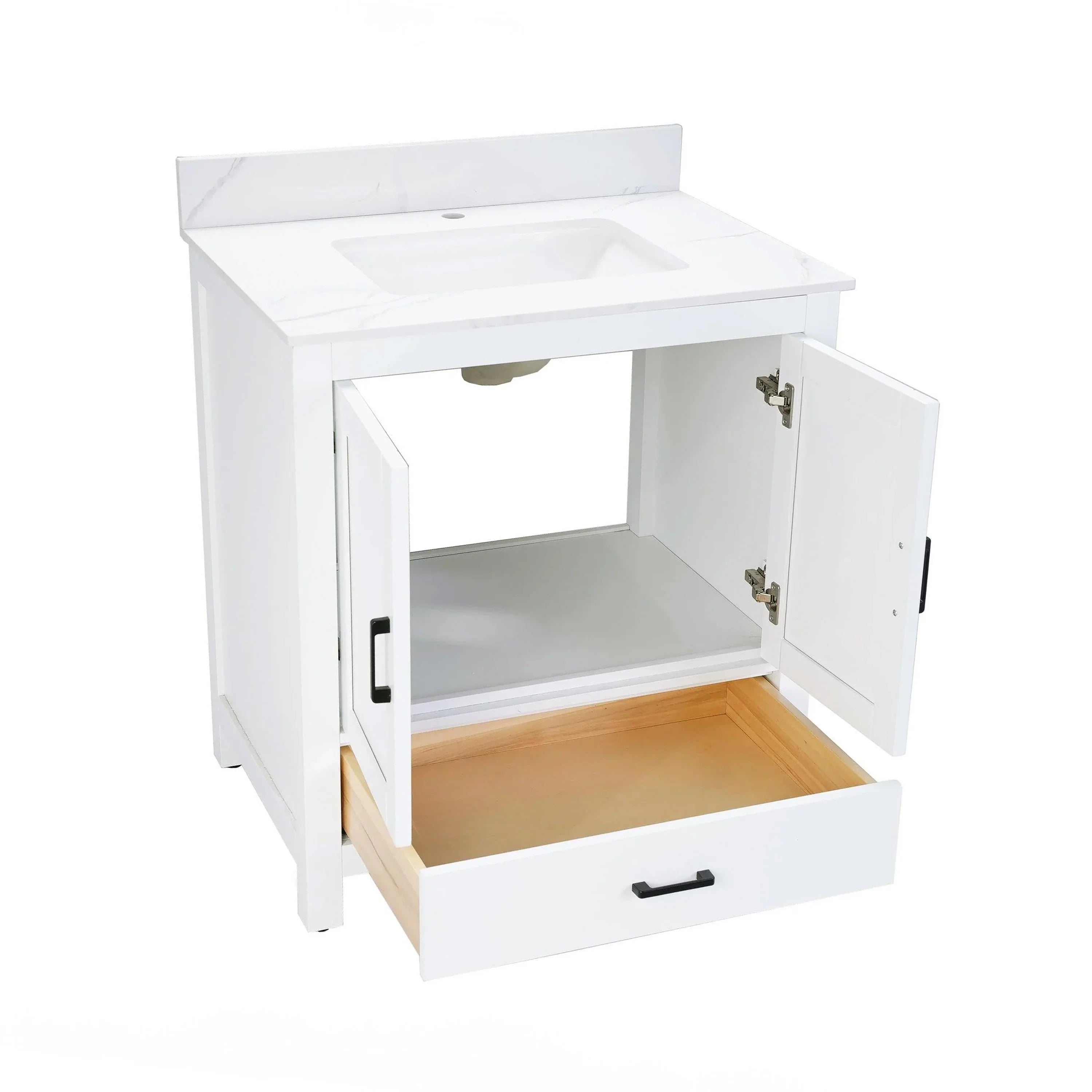 30" White Freestanding Single Sink Bathroom Vanity with Engineered Calcutta Marble Countertop