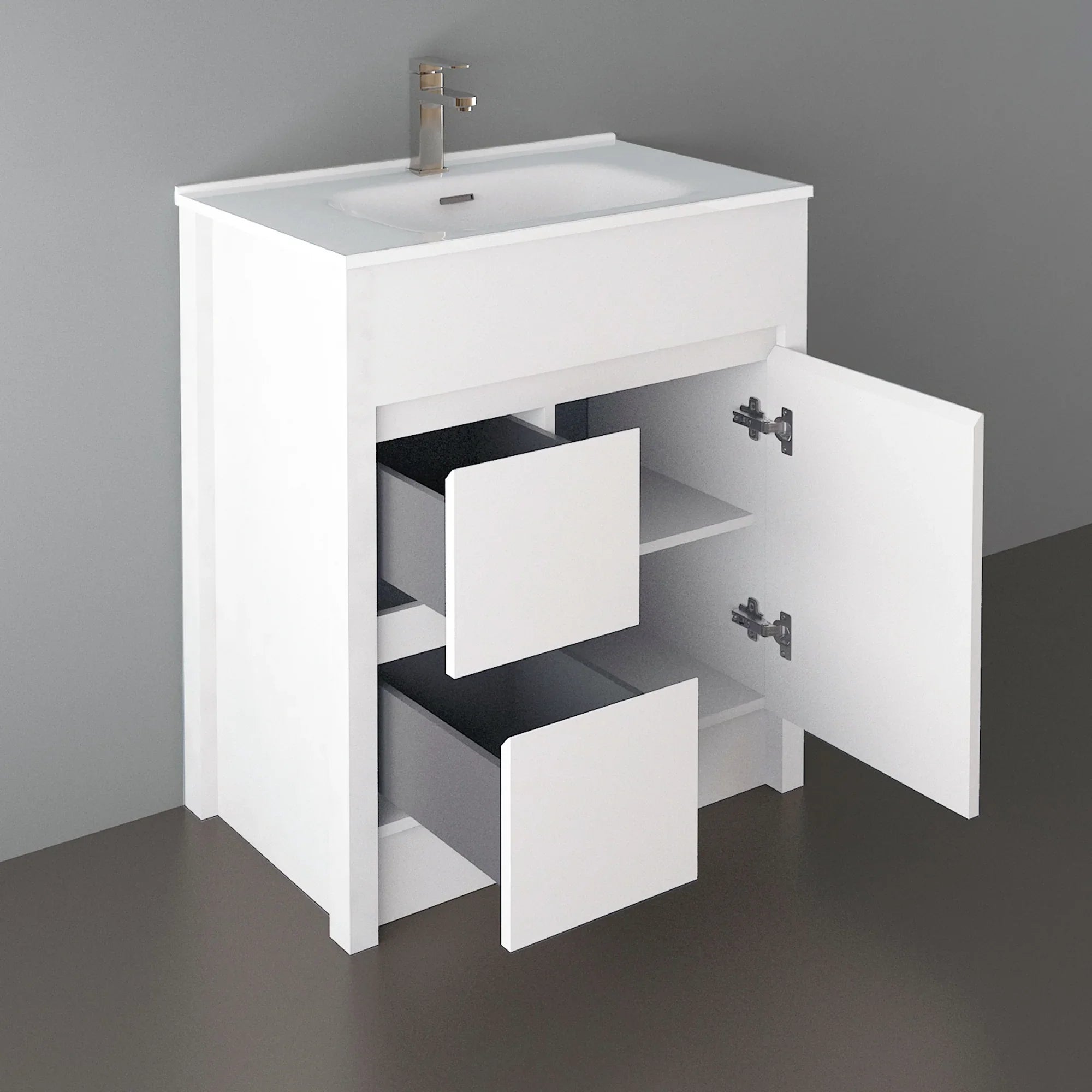 Meuble-Lavabo Autoportant 30po Blanc Mat avec Comptoir de Céramique Blanc