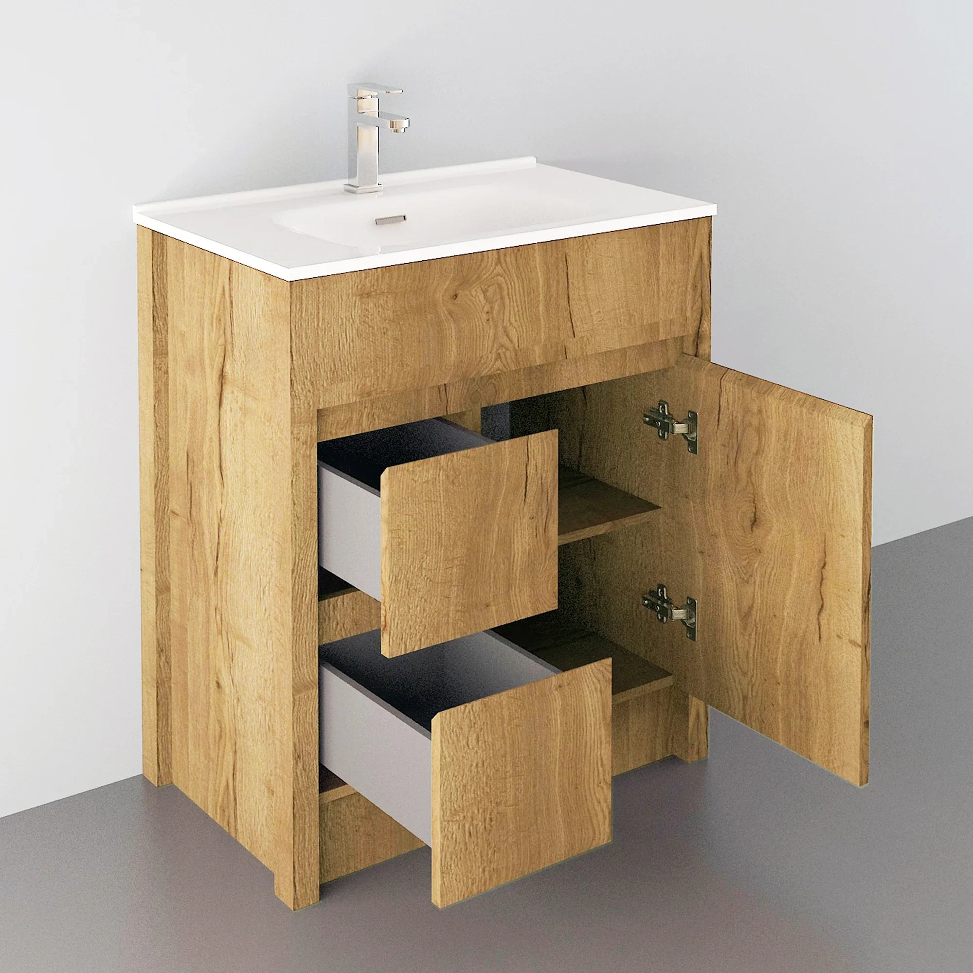 30" Frosted Oak Freestanding Bathroom Vanity with White Ceramic Countertop