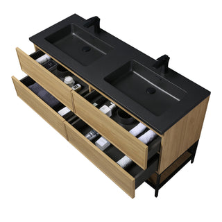 Meuble-Lavabo Mural 60po Noyer Couchant avec Comptoir de Quartz d'ingénierie Noir