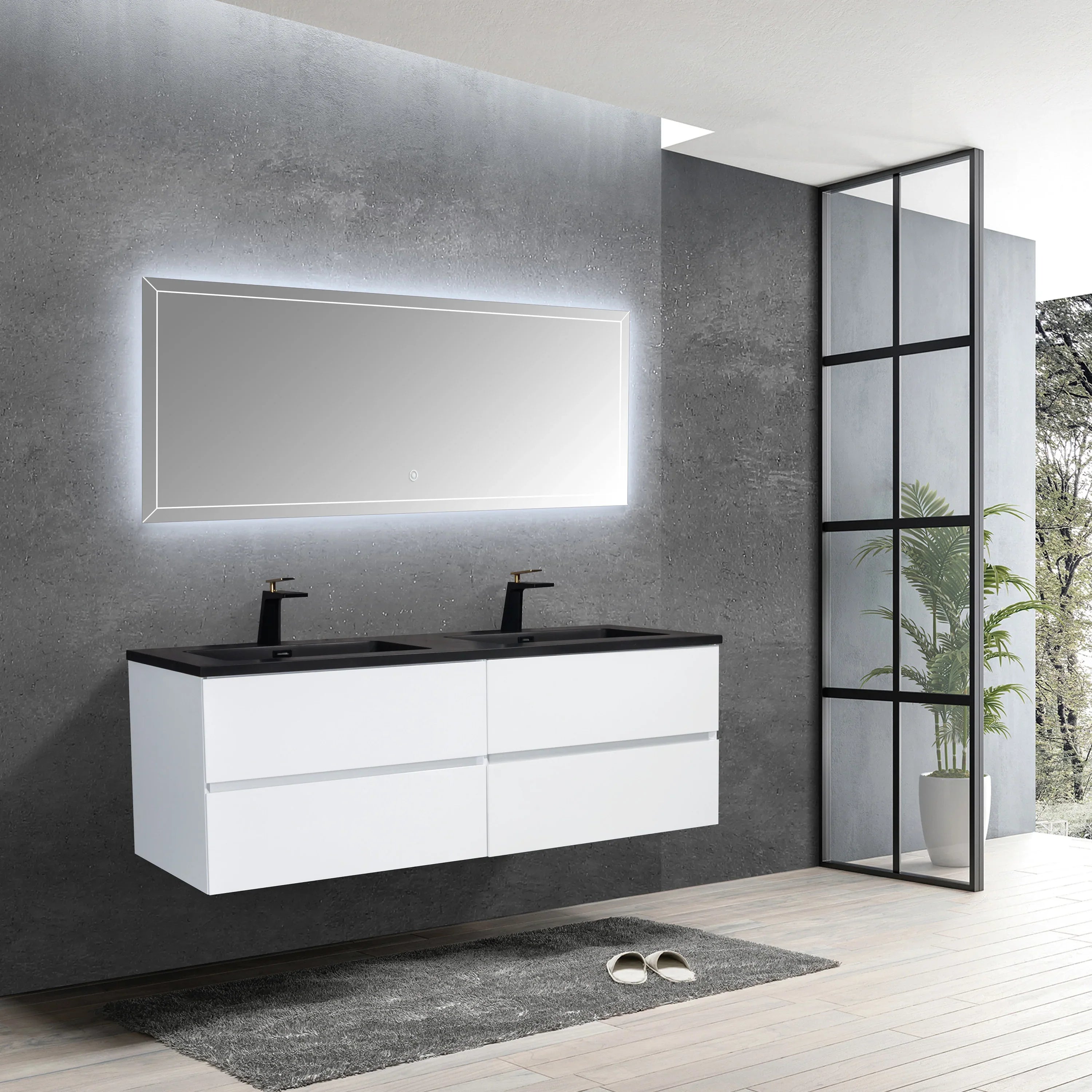 60" White Wall Mount Double Sink Bathroom Vanity with Black Engineered Quartz Countertop