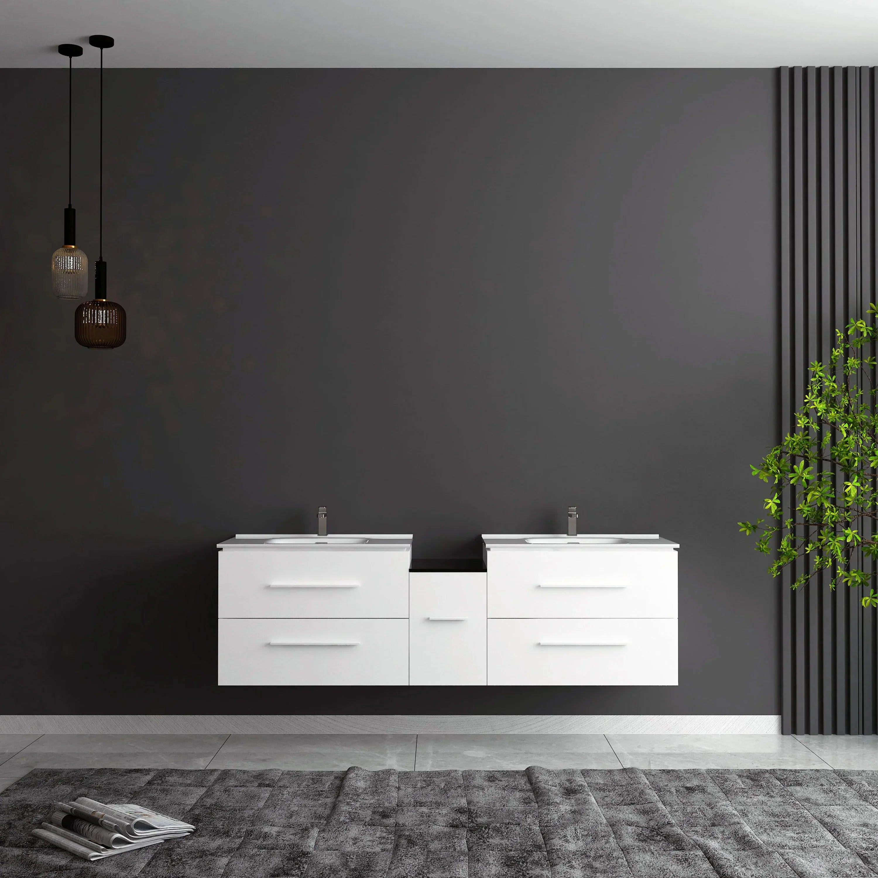 60" Matte White Wall Mount Double Sink Bathroom Vanity with White Ceramic Countertop