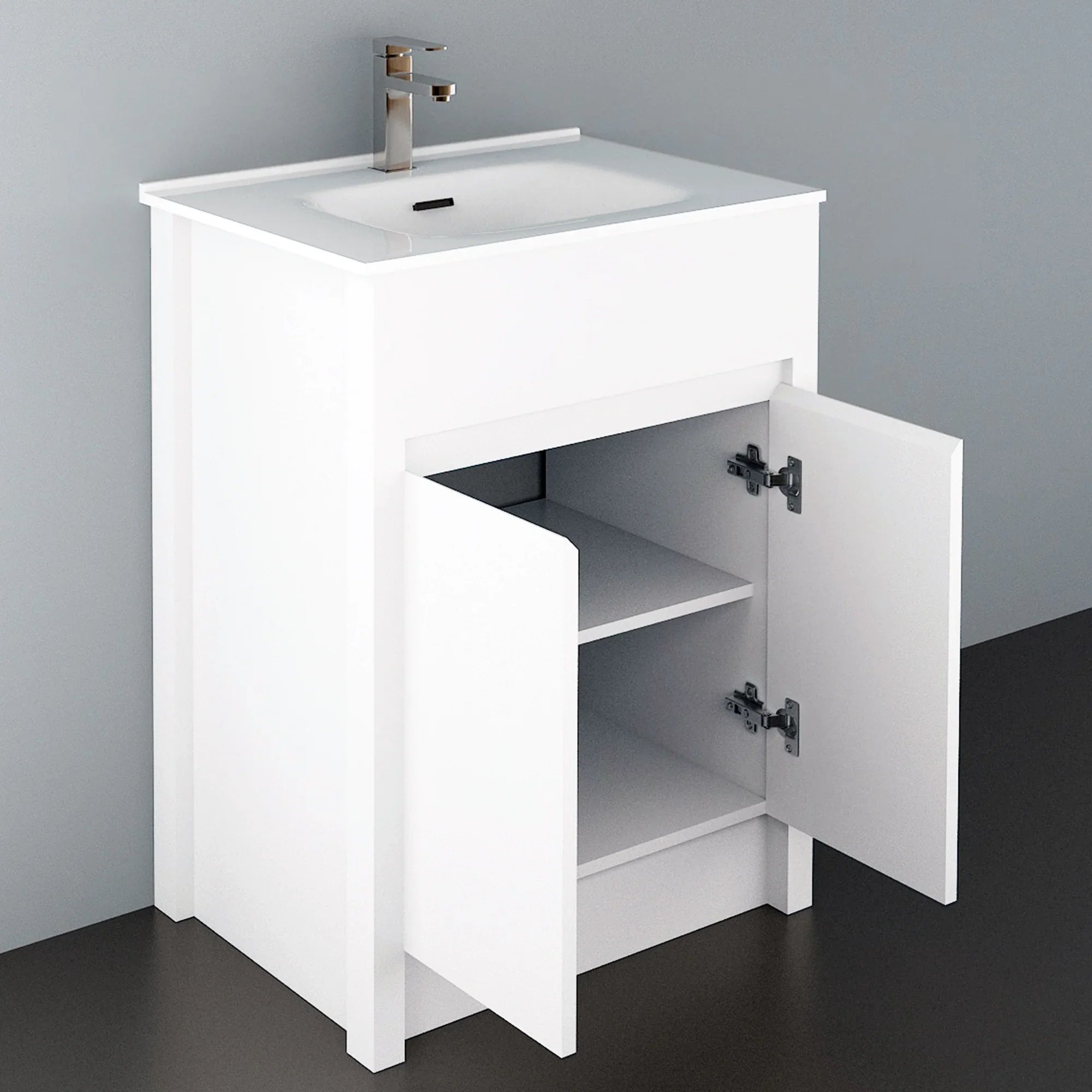 Meuble-Lavabo Autoportant 24po Blanc Mat avec Comptoir de Céramique Blanc