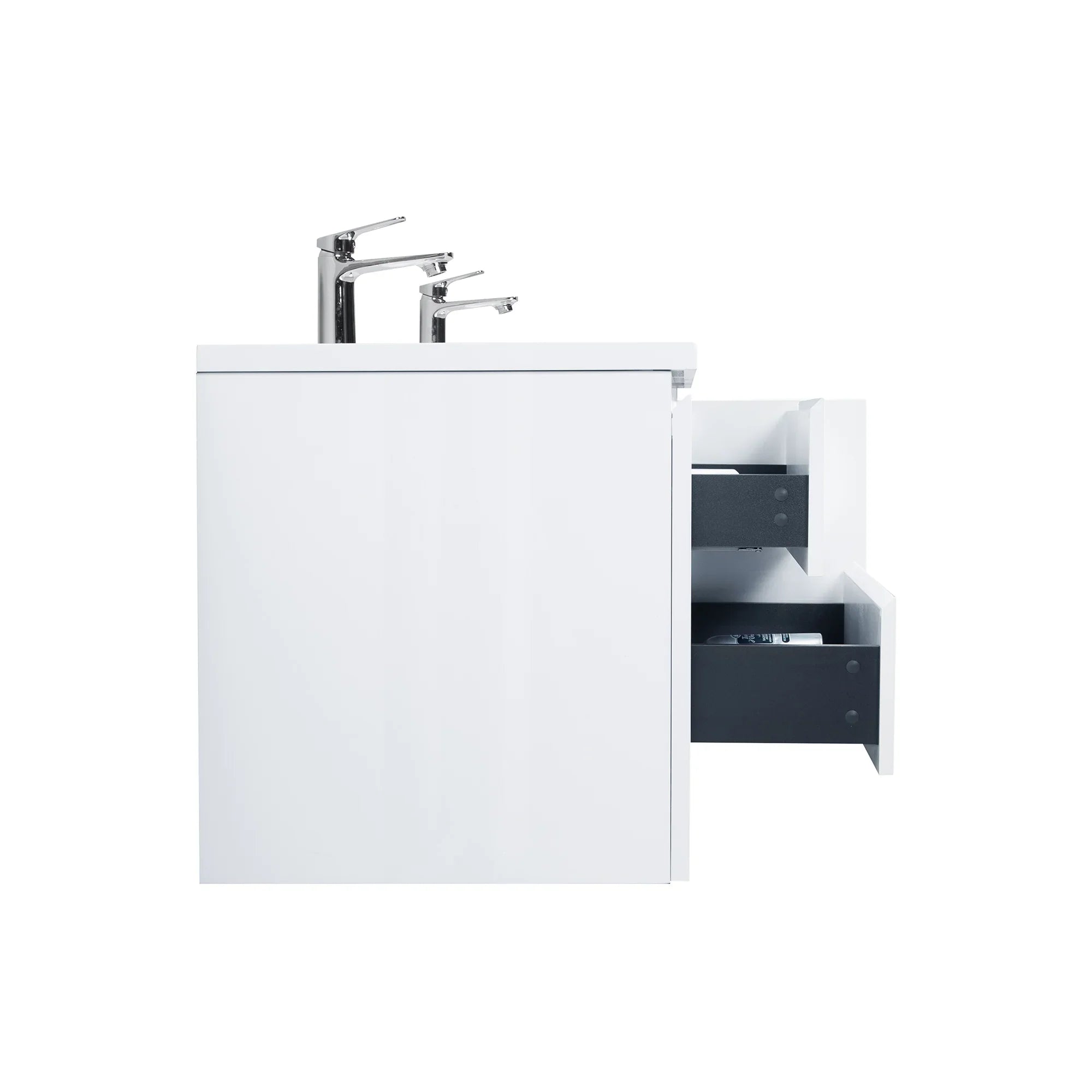72" White Wall Mount Double Sink Bathroom Vanity with White Polymarble Countertop