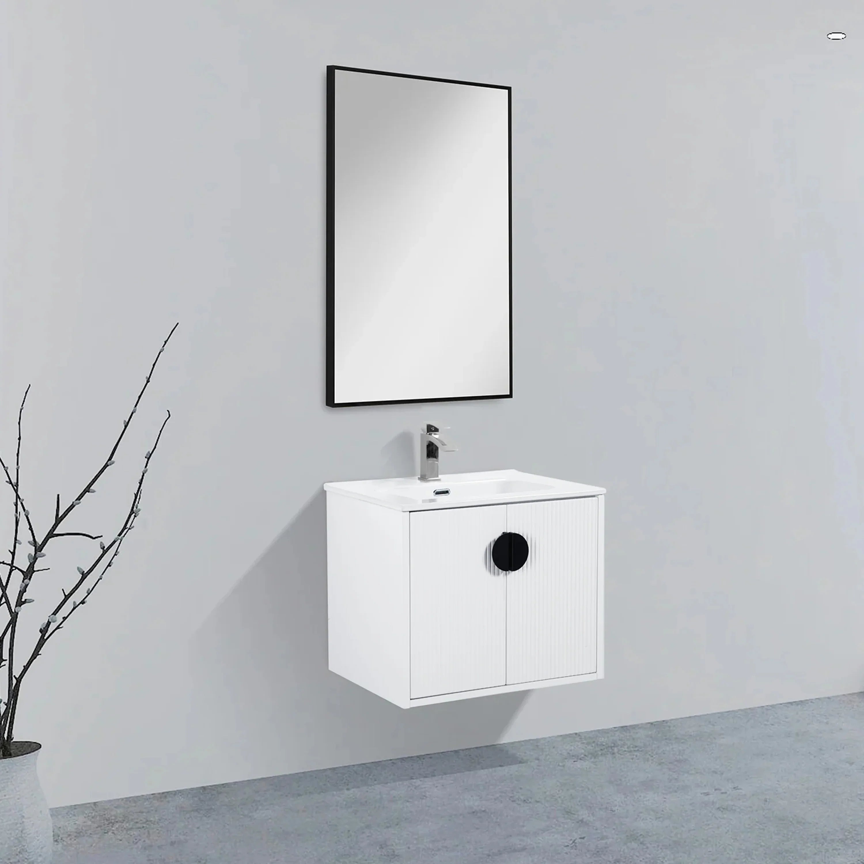 24" White Wall Mount Bathroom Vanity with White Ceramic Countertop