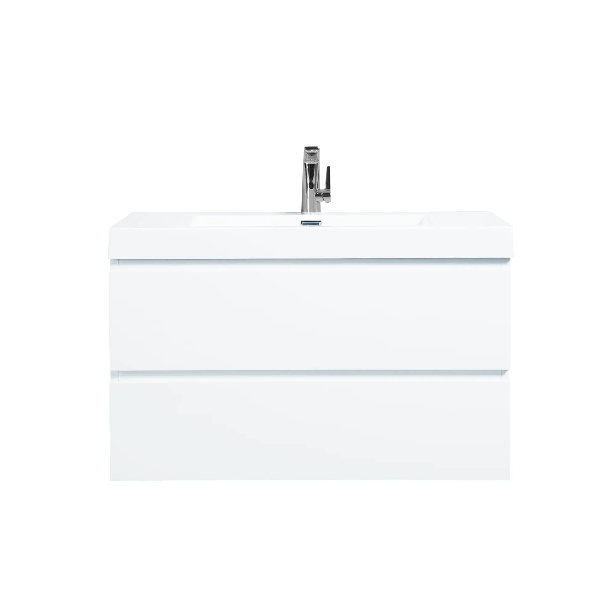 36" Glossy White Wall Mount Bathroom Vanity with White Polymarble Countertop