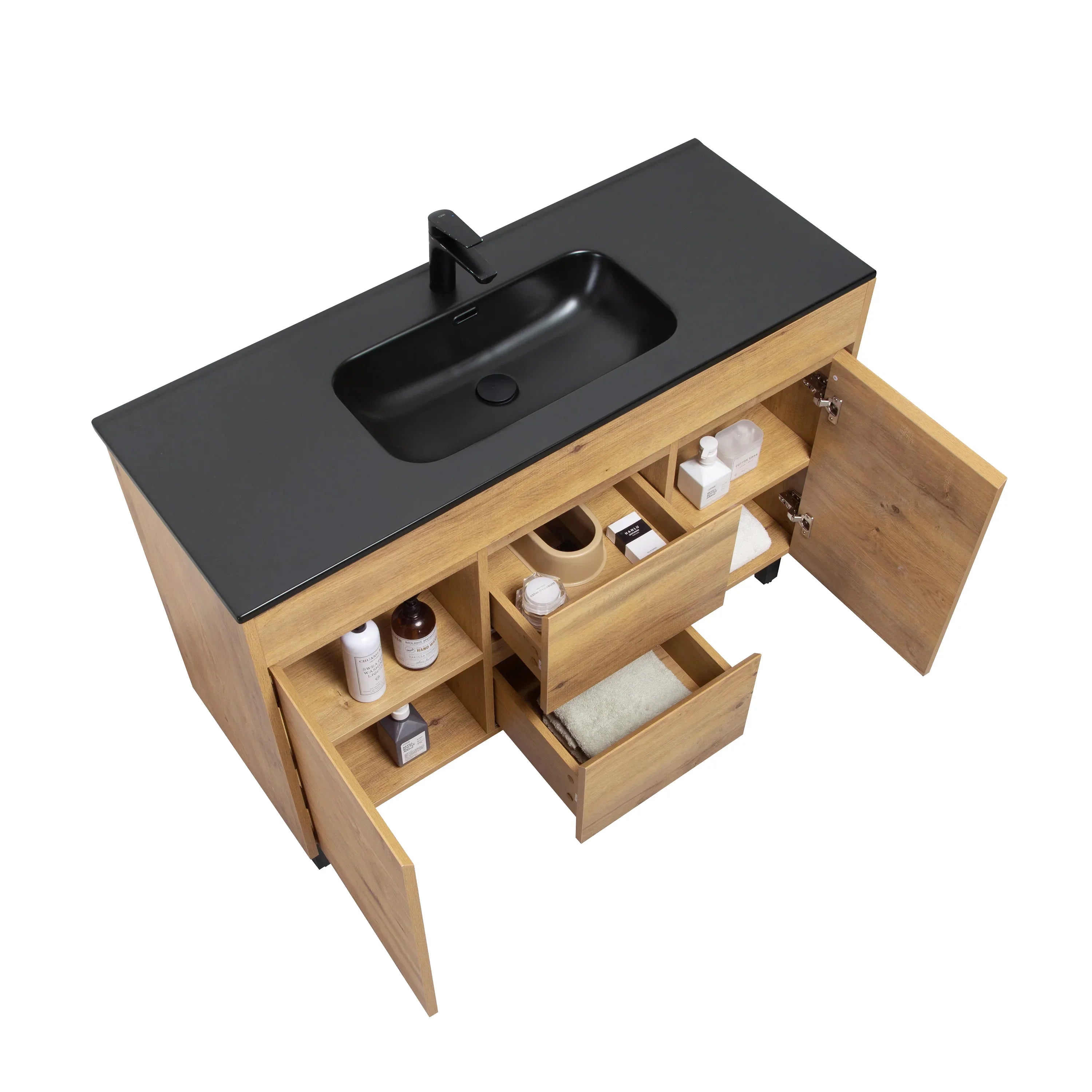 48" Frosted Oak Freestanding Single Sink Bathroom Vanity with Black Ceramic Countetop