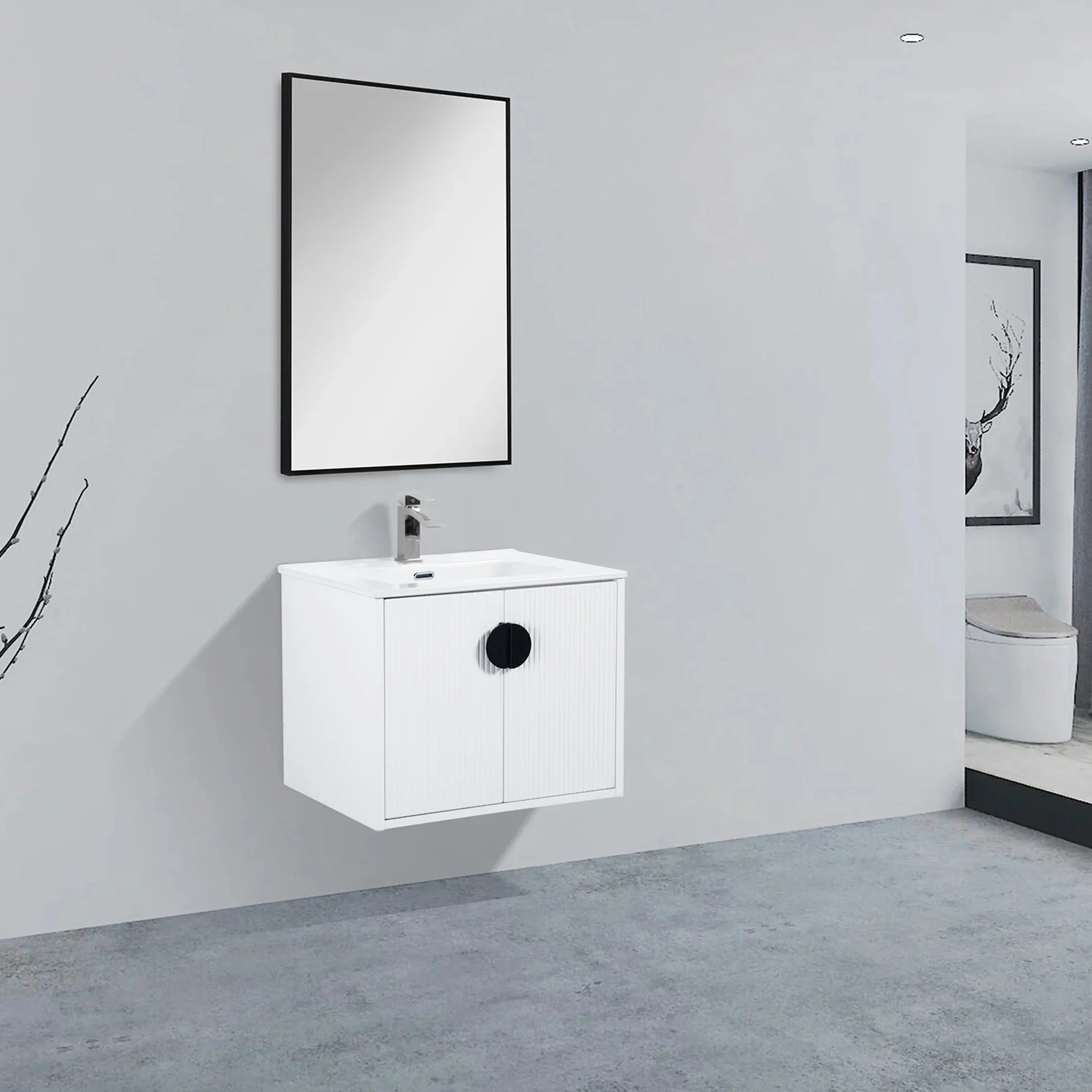 30" White Wall-Mount Single Sink Bathroom Vanity with White Ceramic Countertop