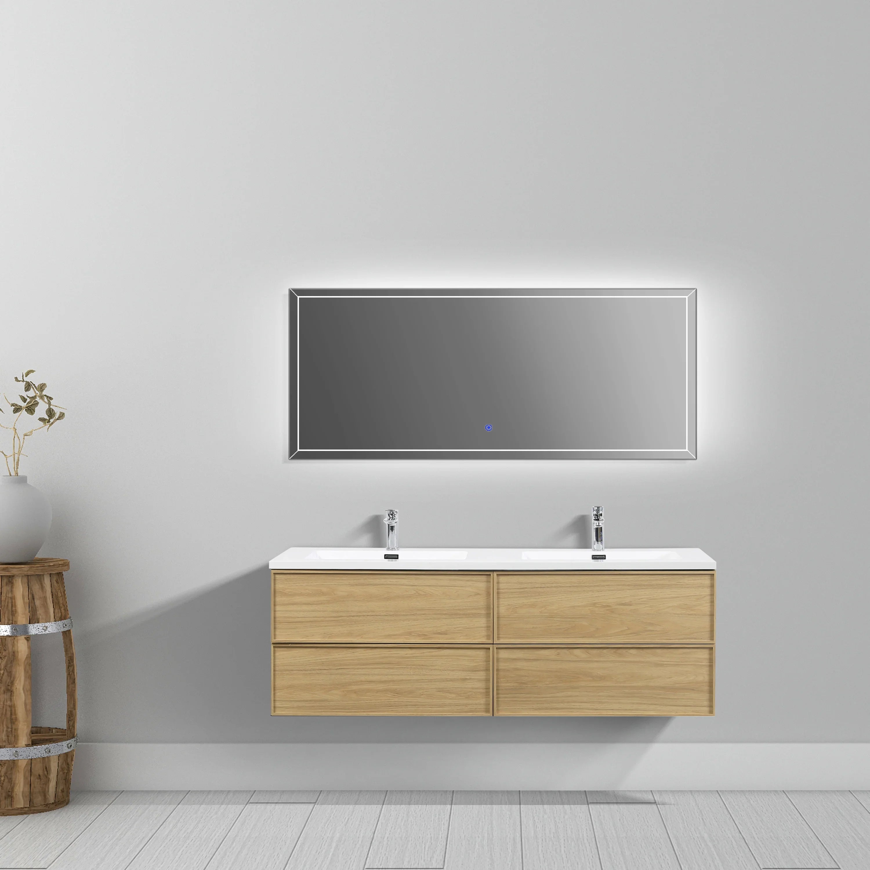 Meuble Lavabo Mural 60 pouces Noyer Couchant Double Vasque avec Comptoir Polymarbre Blanc