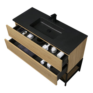 Meuble-Lavabo Mural 48po Noyer Couchant avec Comptoir de Quartz d'ingénierie Noir