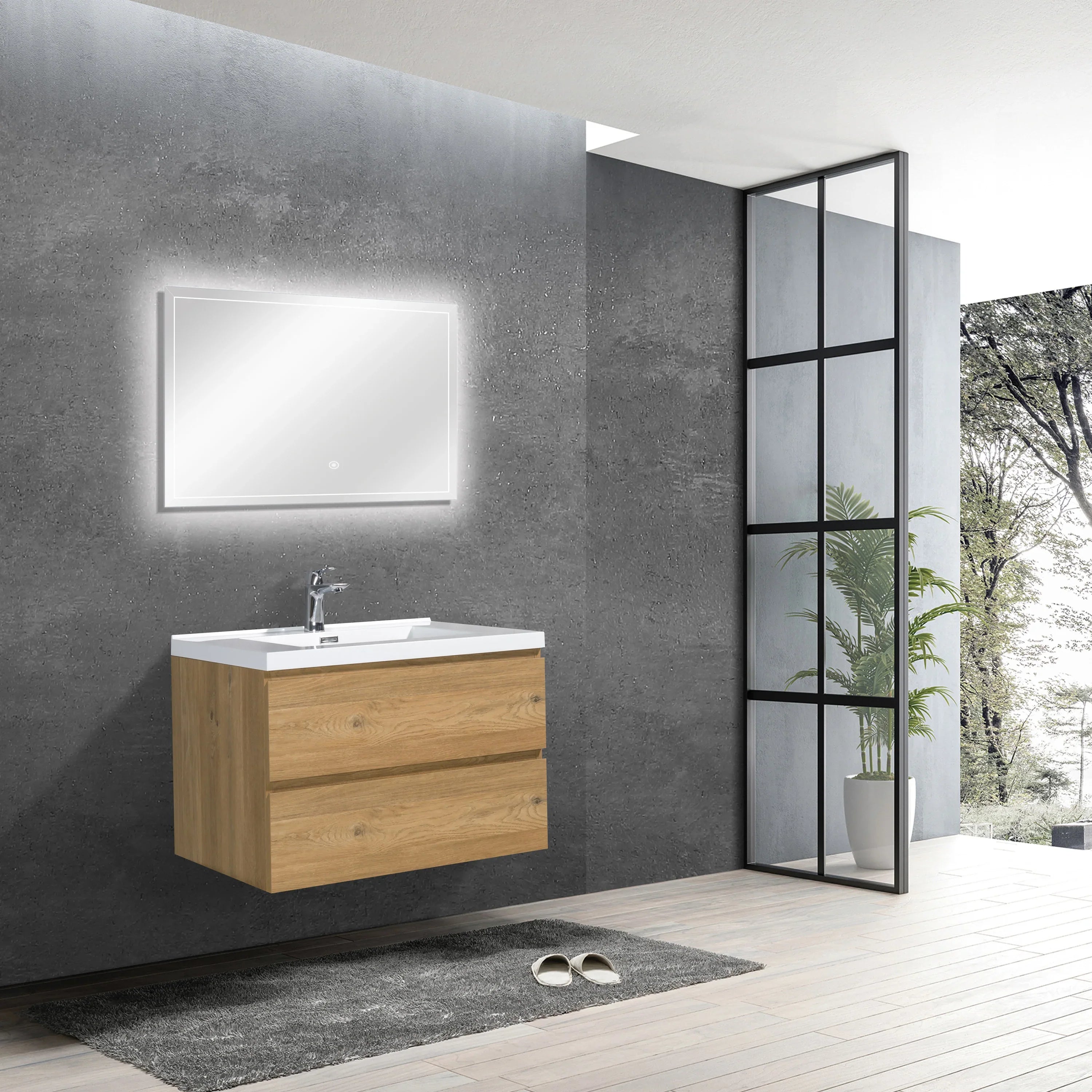 30" Rough Oak Wall Mount Bathroom Vanity with White Polymarble Countertop