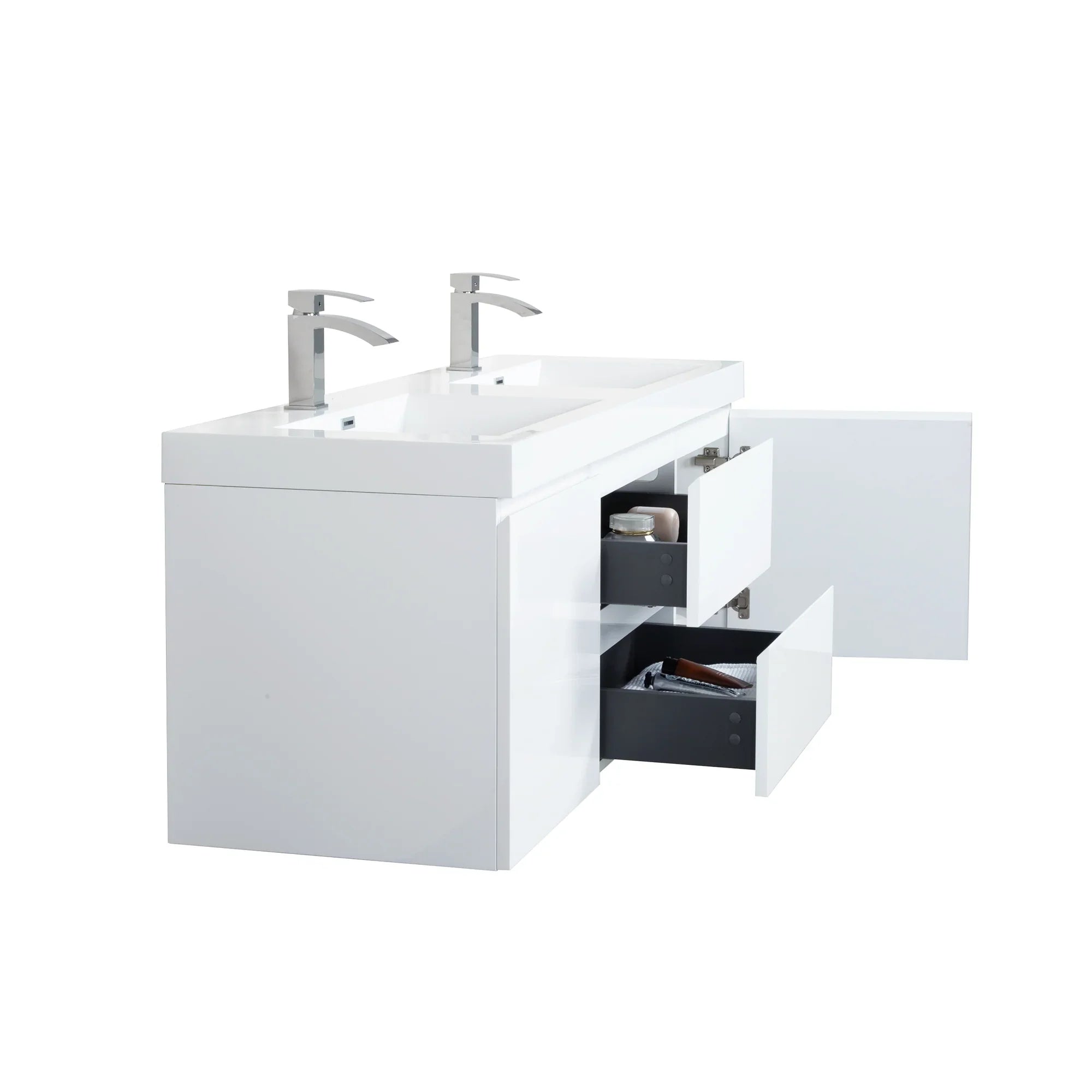 60" Glossy White Wall Mount Double Sink Bathroom Vanity with White Polymarble Countertop