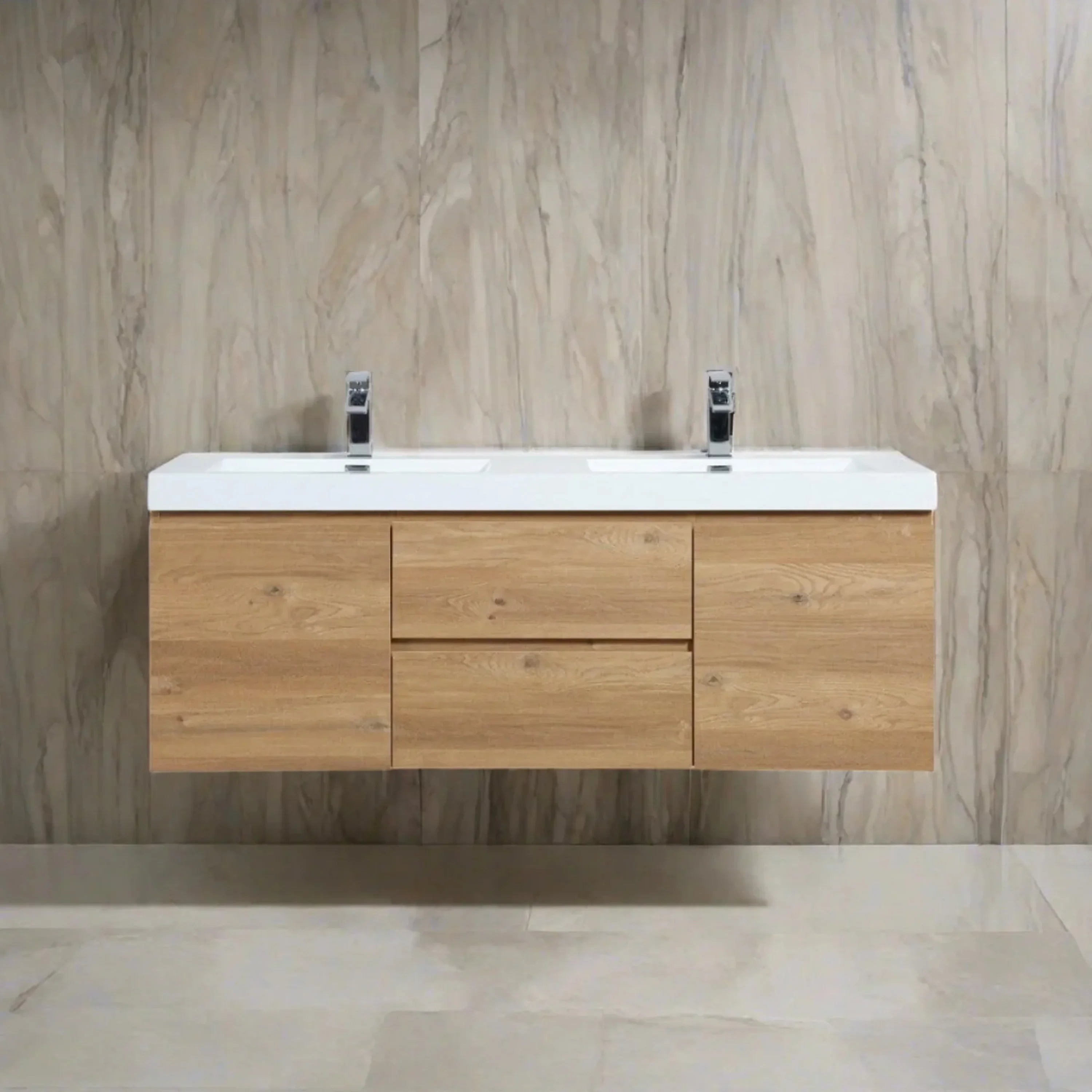 60" Rough Oak Wall Mount Double Sink Bathroom Vanity with White Polymarble Countertop