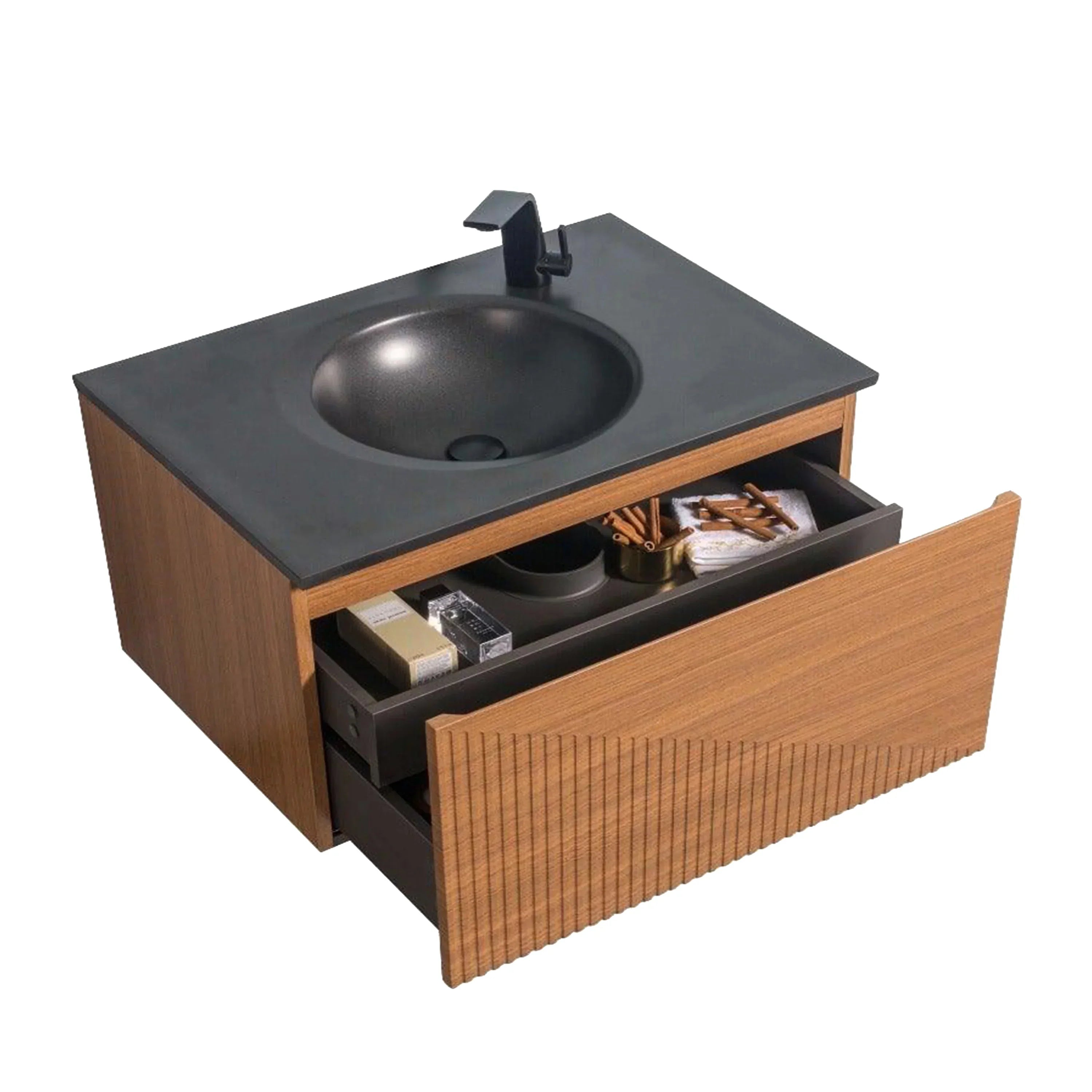 36" Light Oak Wall Mount Bathroom Vanity with Black Engineered Quartz Countertop