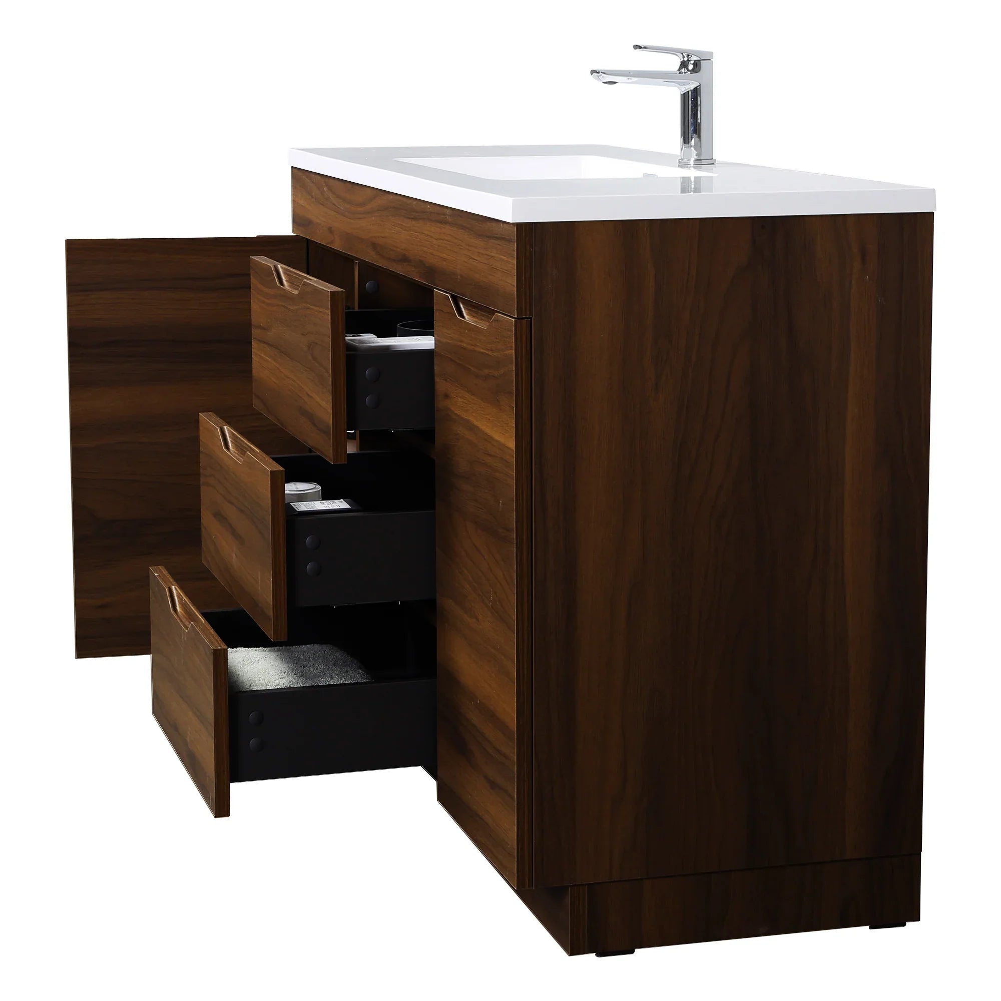 48" Walnut Freestanding Single Sink Bathroom Vanity with White Polymarble Countertop