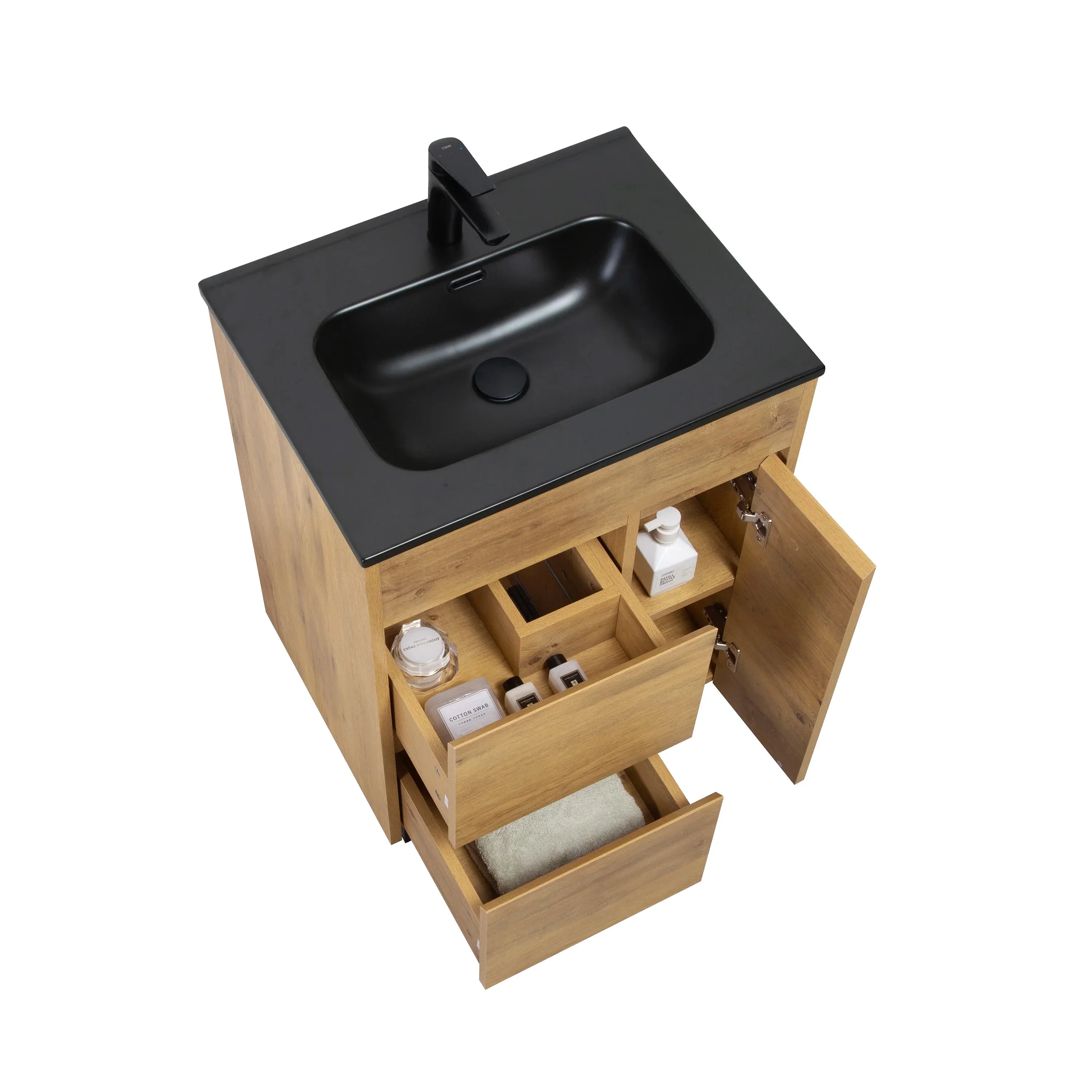 24" Frosted Oak Freestanding Single Sink Bathroom Vanity with Black Ceramic Countetop