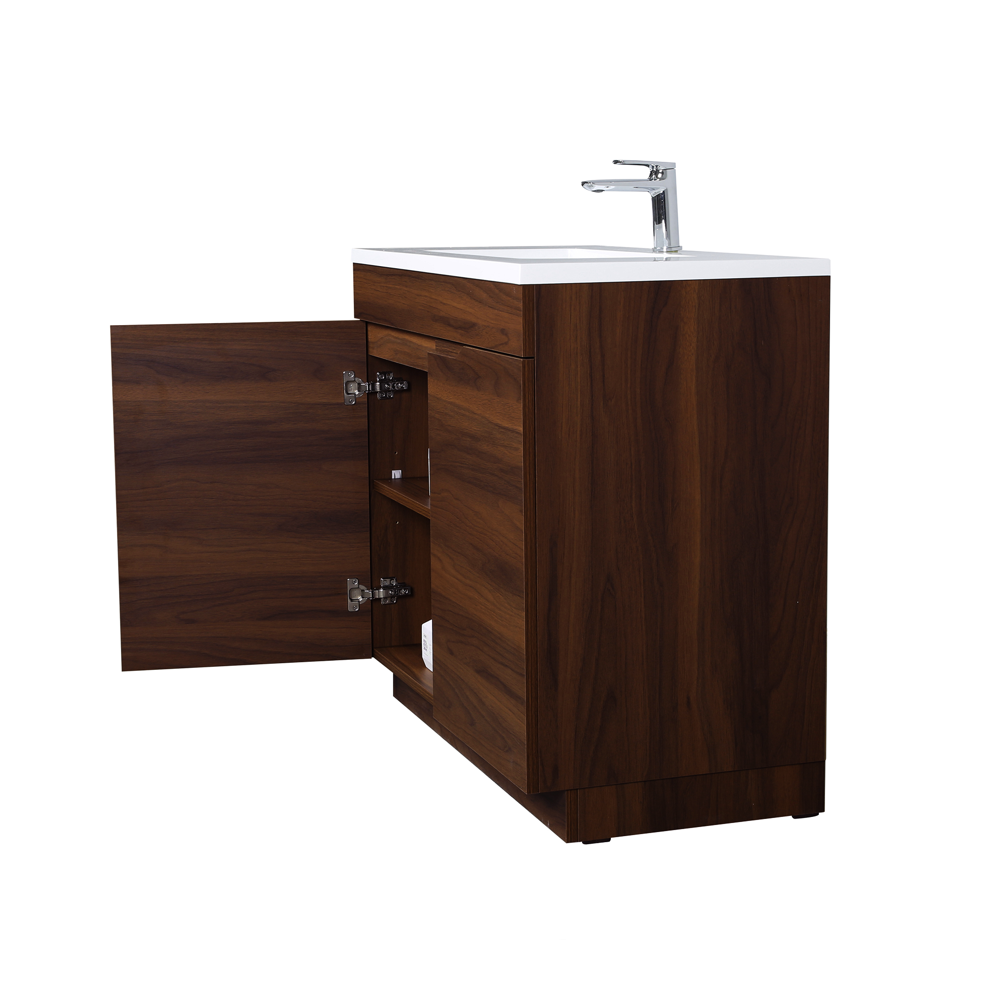 36" Walnut Freestanding Single Sink Bathroom Vanity with White Polymarble Countertop