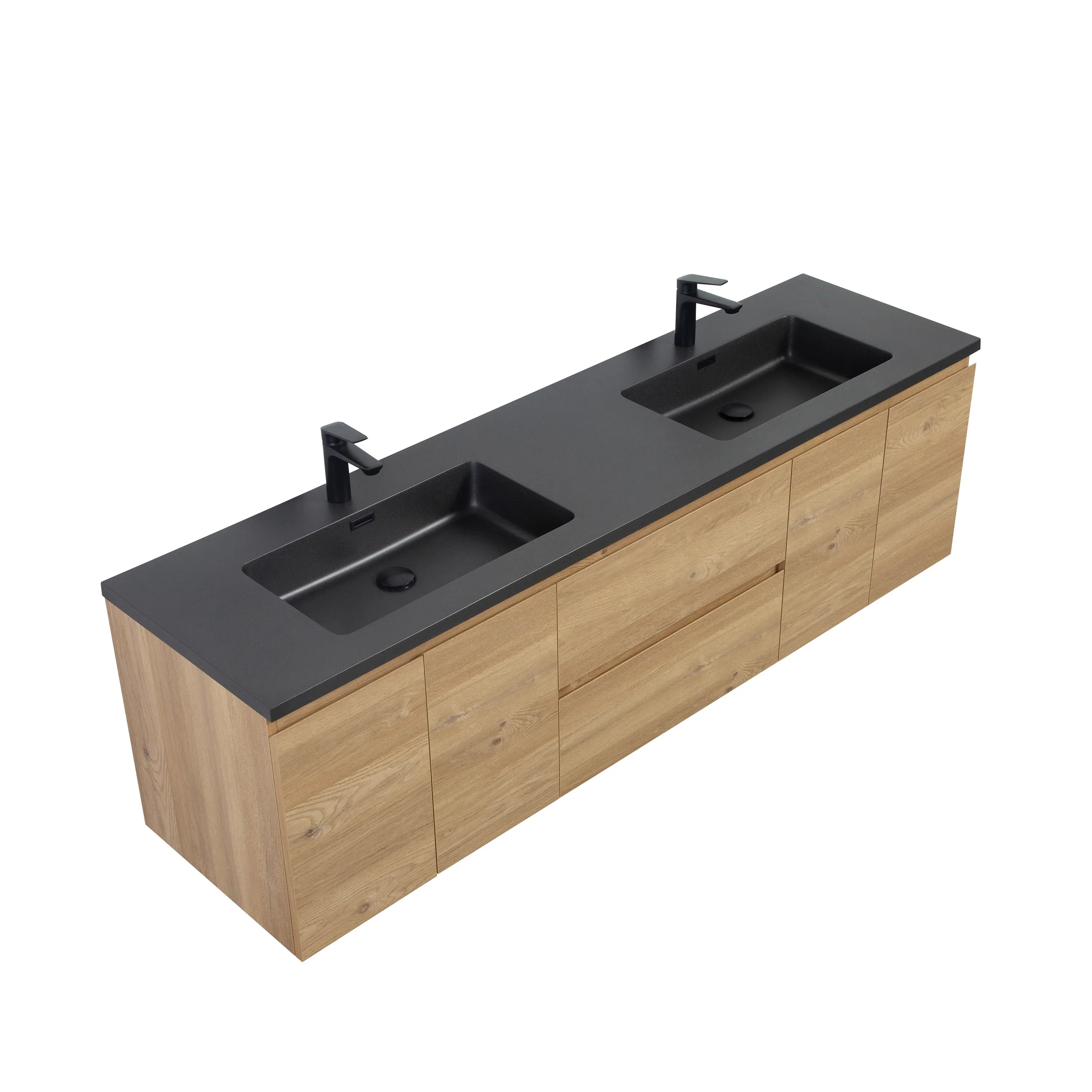 Meuble-Lavabo 72po Chêne Brut avec Comptoir de 72 Quartz Noir Lavabo Double