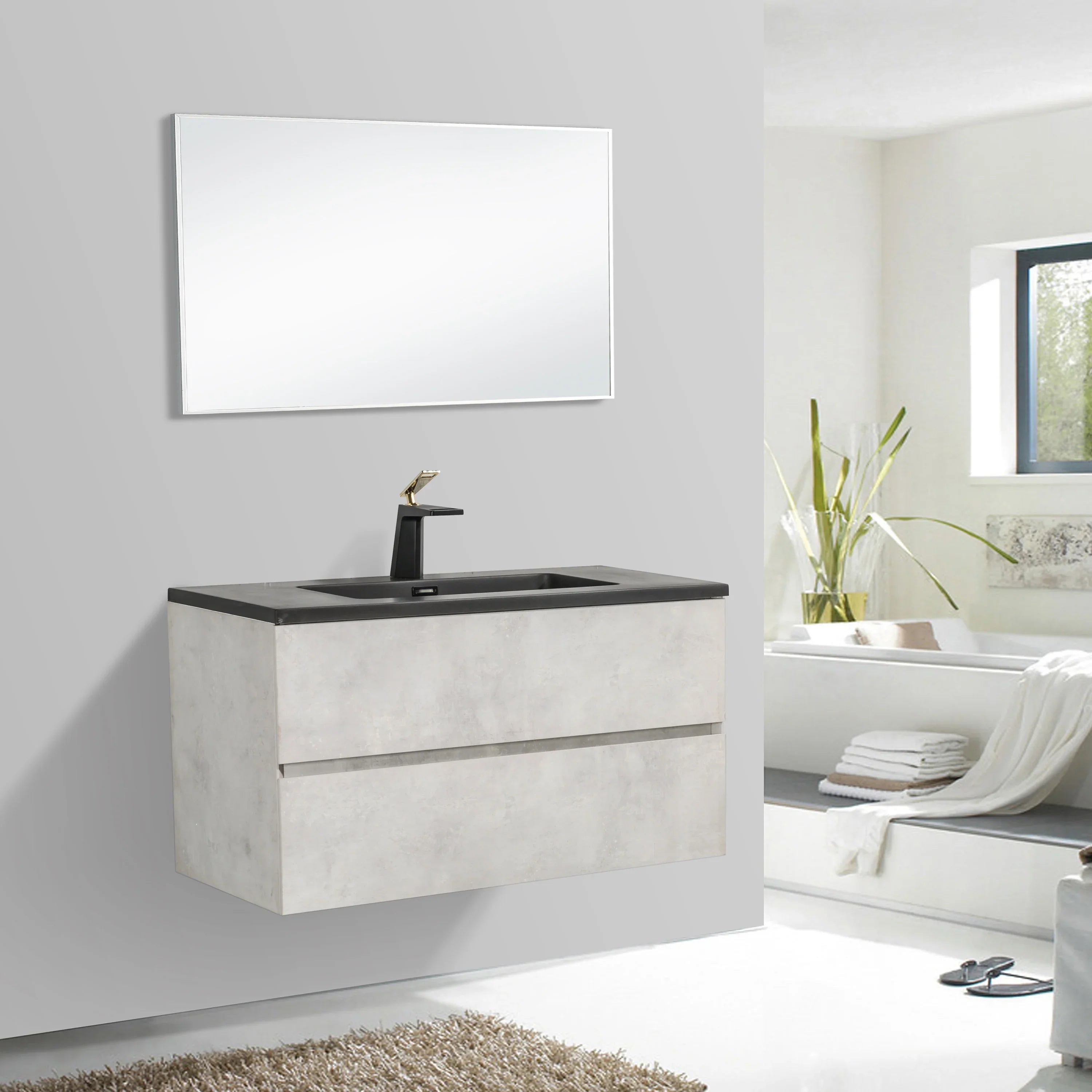 36" Grey Wall Mount Single Sink Bathroom Vanity with Black Engineered Quartz Countertop