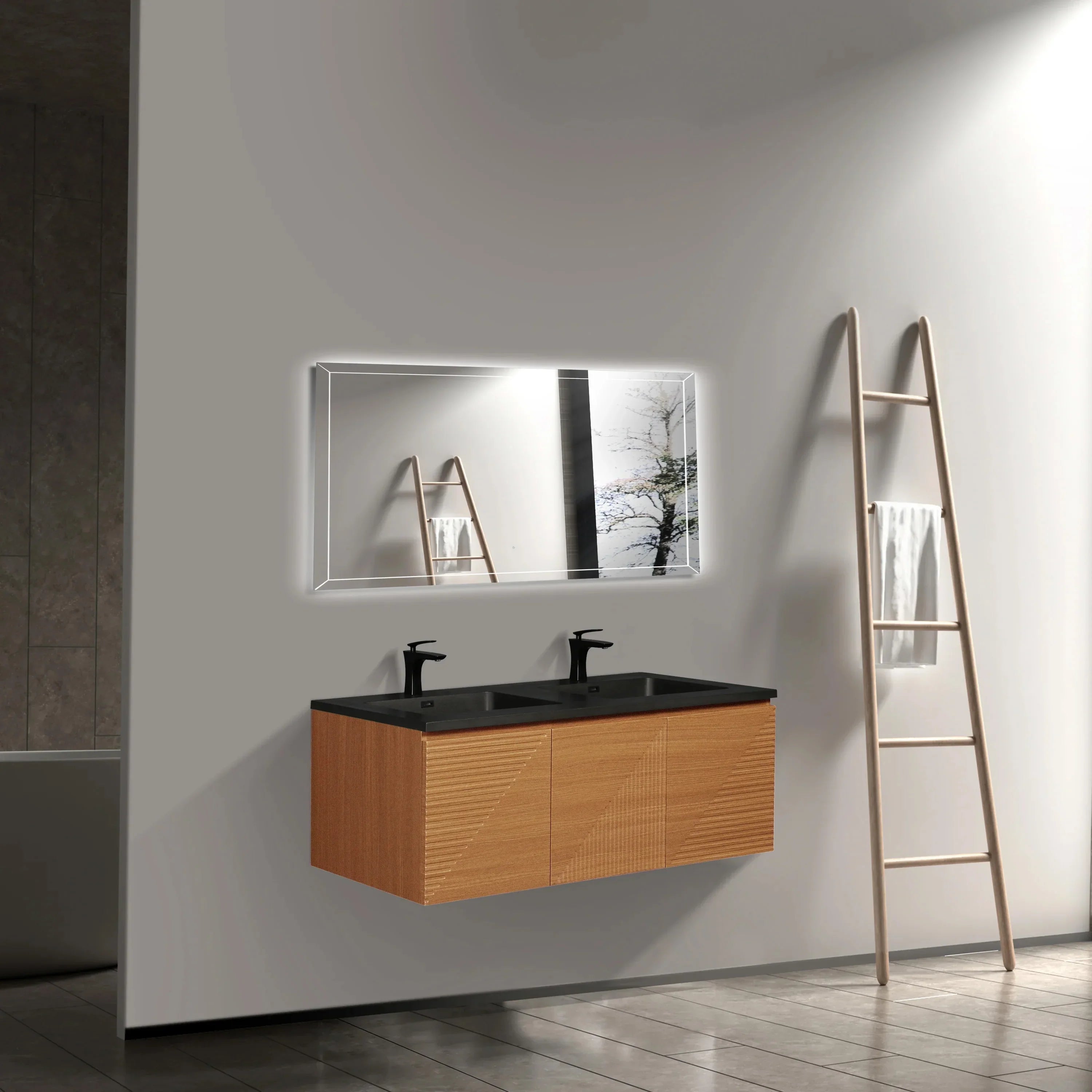 60" Light Oak Wall-Mounted Double Sink Bathroom Vanity with Black Engineered Quartz Countertop
