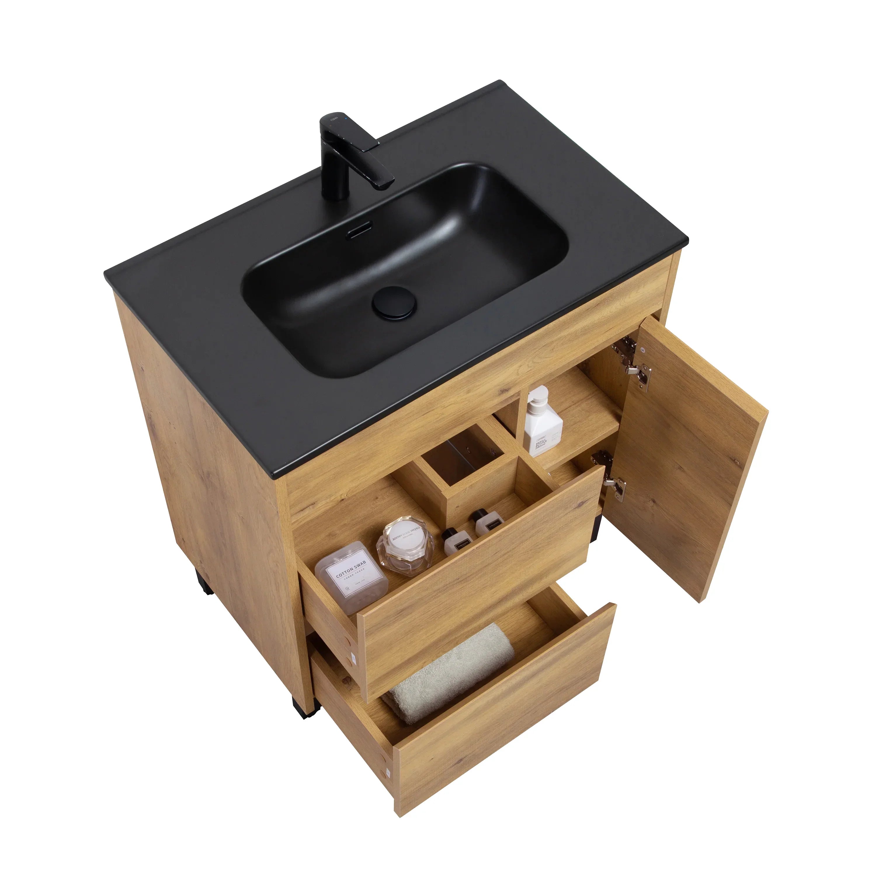 30" Frosted Oak Freestanding Single Sink Bathroom Vanity with Black Ceramic Countertop