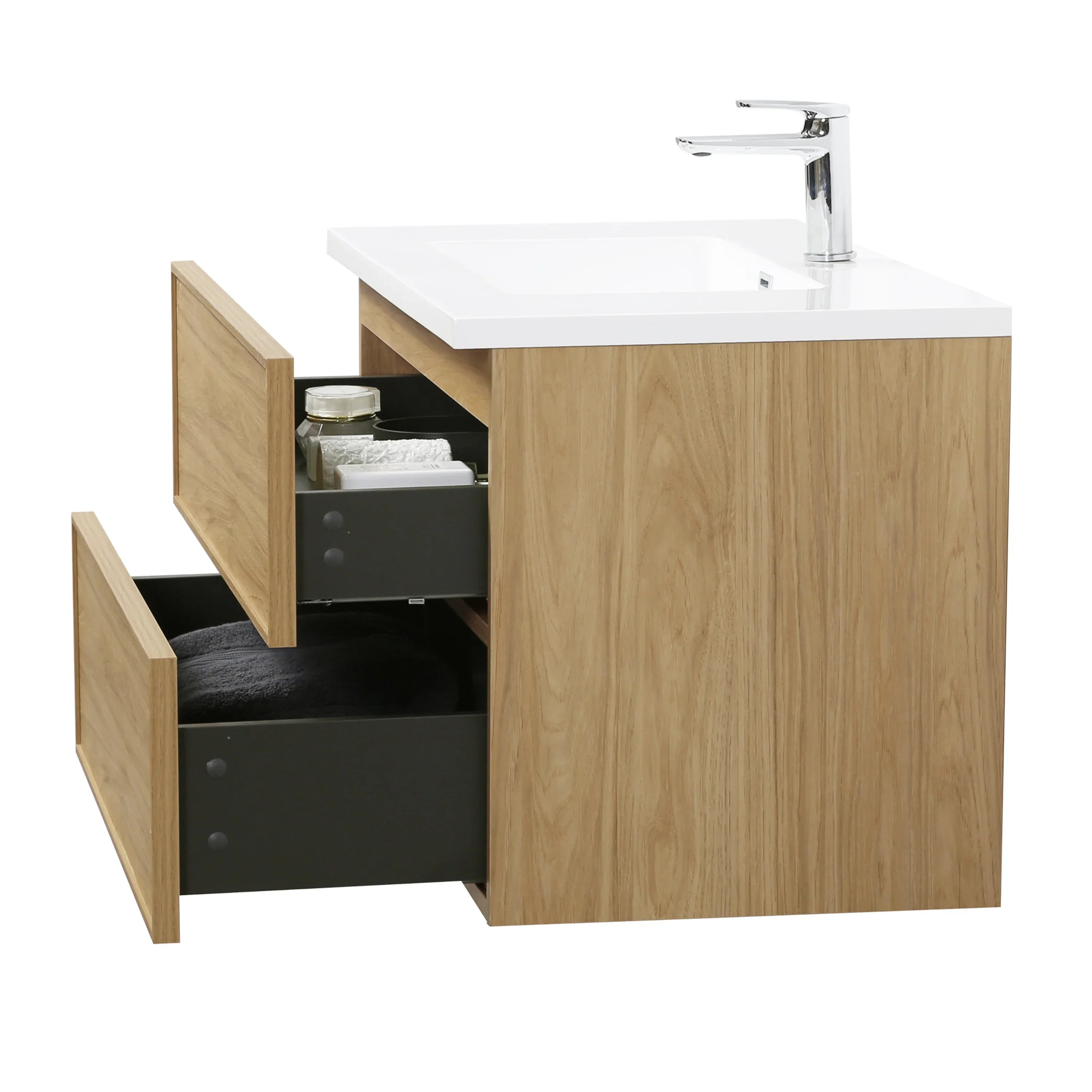 Meuble Lavabo Flottant 36po Noyer Couchant avec Comptoir Polymarbre Blanc - Collection Luxe