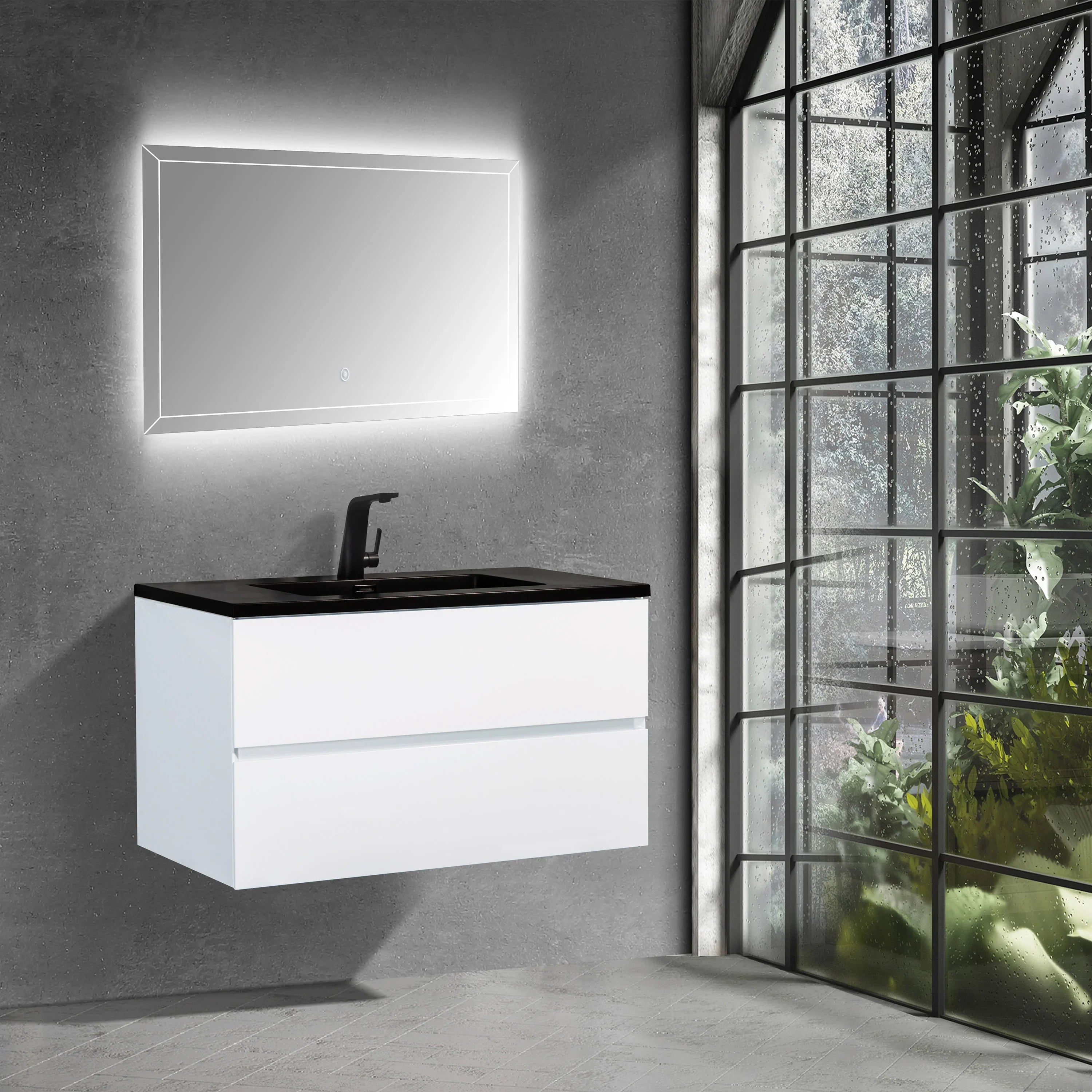 36" White Wall Mount Bathroom Vanity with Black Engineered Quartz Countertop