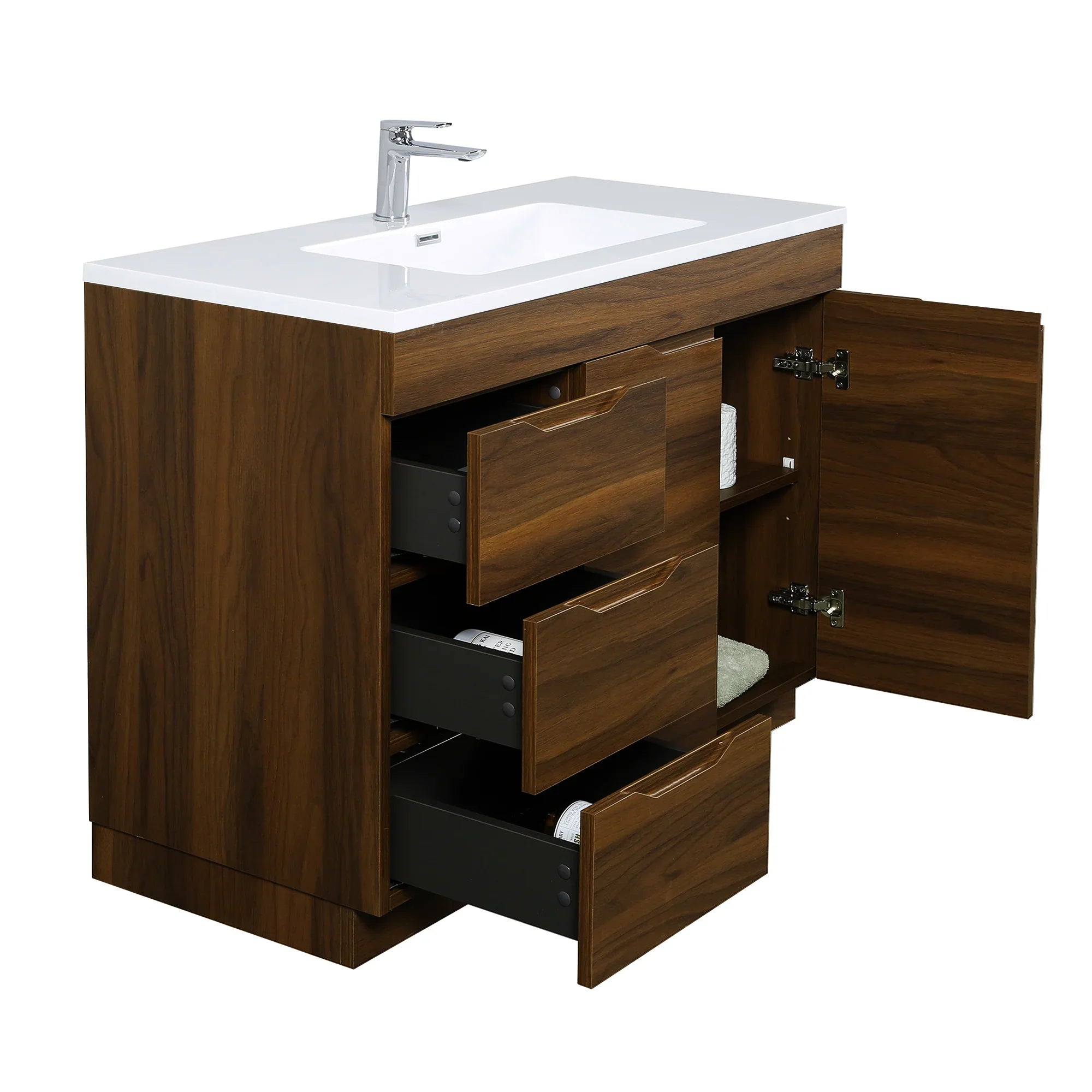 40" Walnut Freestanding Bathroom Vanity with White Polymarble Countertop