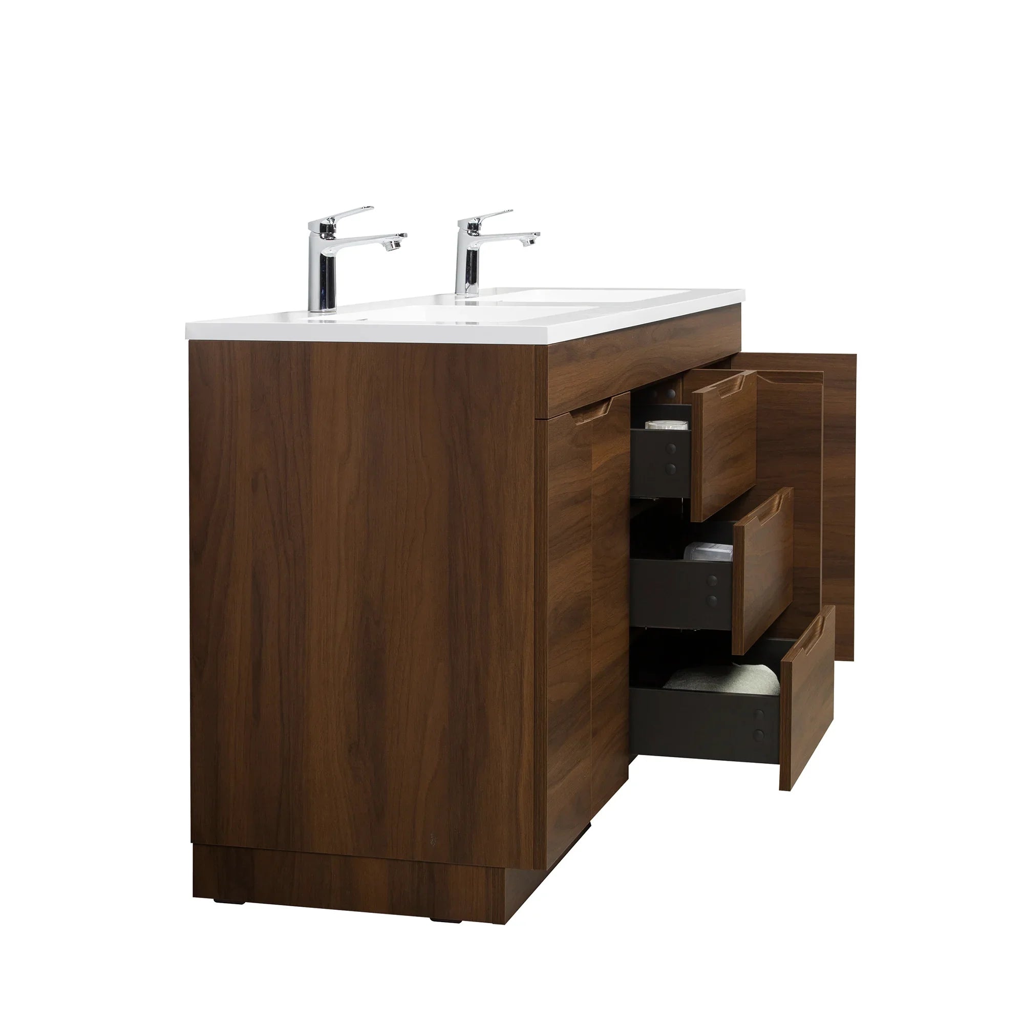 60" Walnut Freestanding Double Sink Vanity with White Polymarble Countertop - Augusta Collection