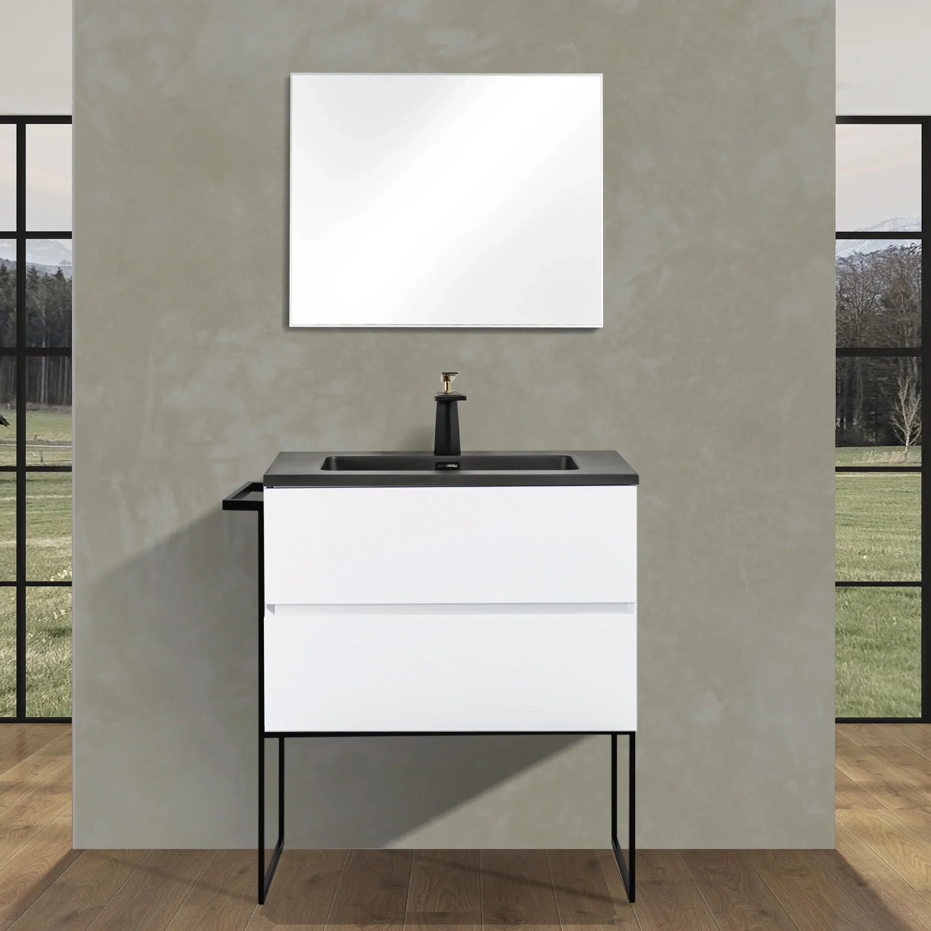 30" White Wall Mount Bathroom Vanity with Black Engineered Quartz Countertop