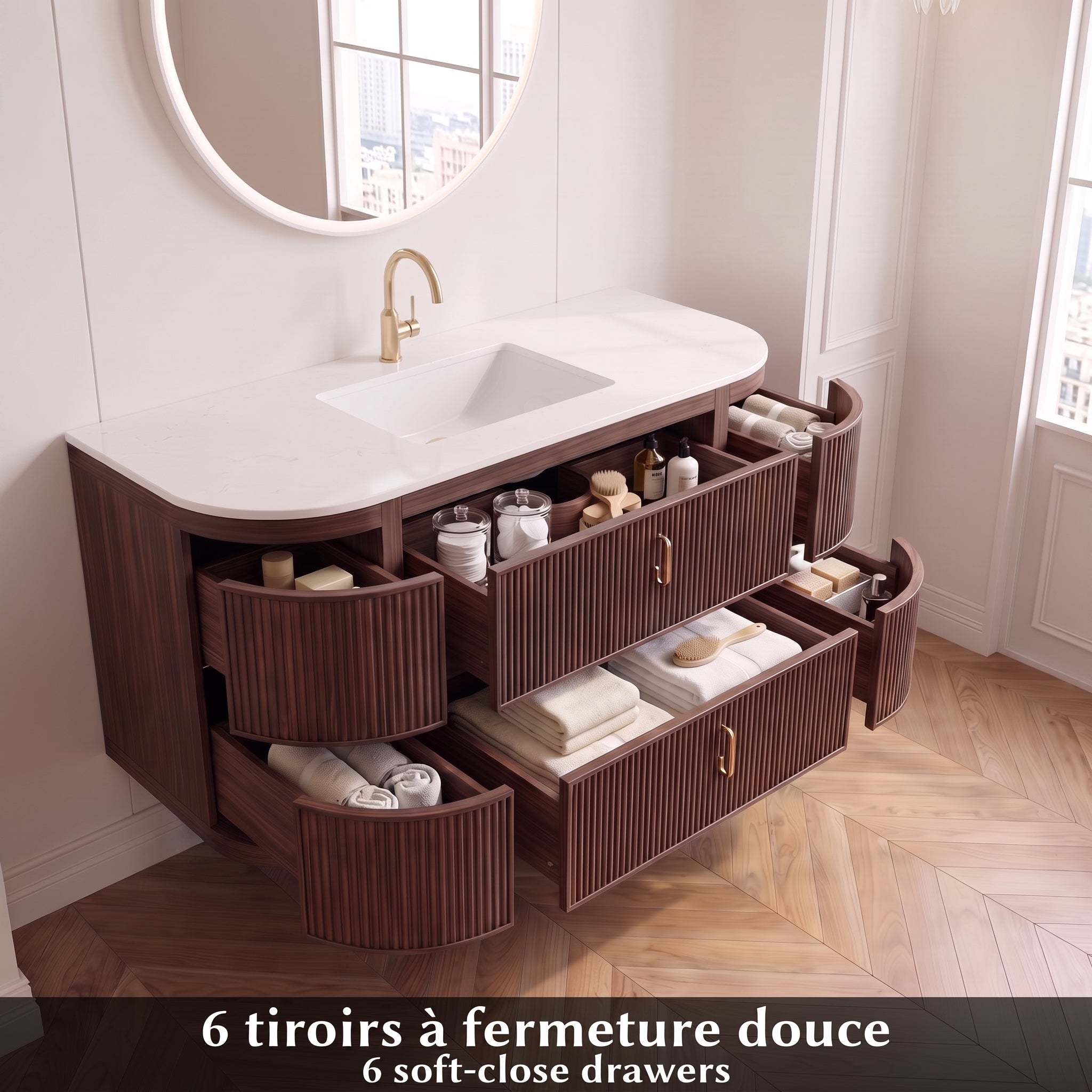 48" Walnut Curved Fluted Bathroom Vanity - Matte White Countertop