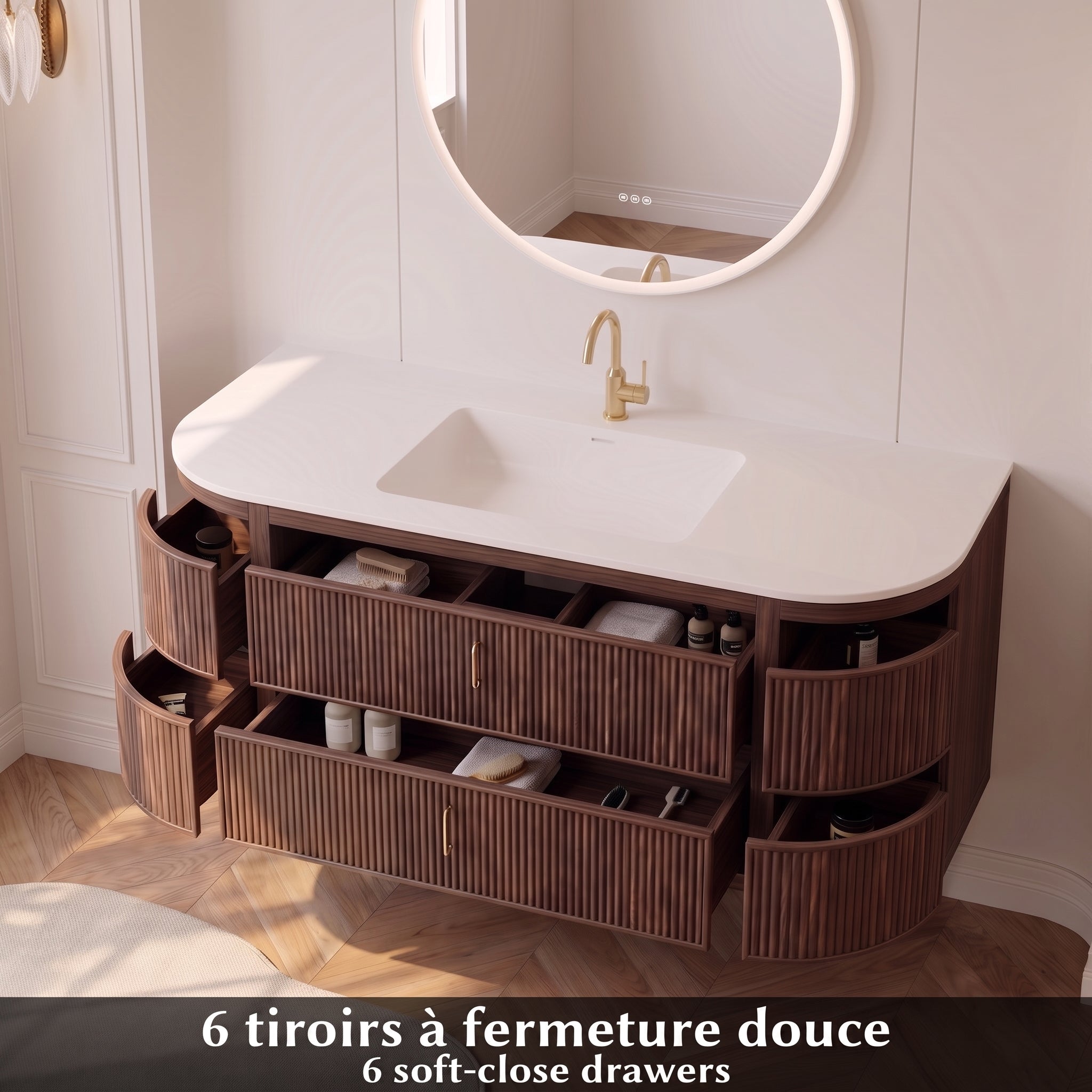 60" Walnut Curved Fluted Bathroom Vanity - Matte White Countertop