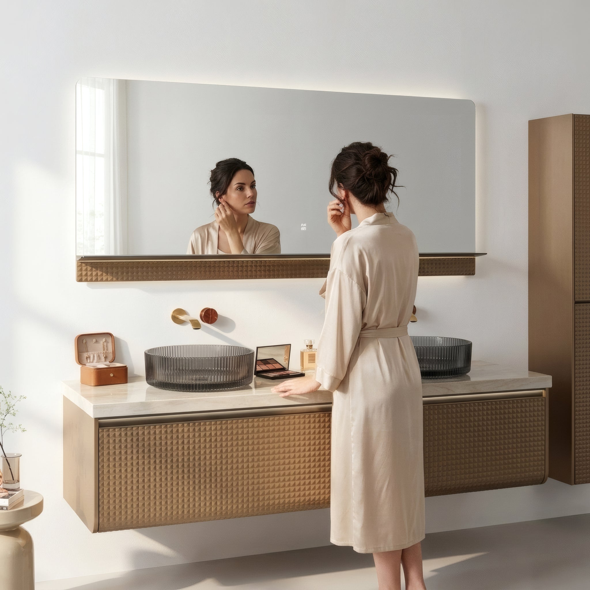 71" Champagne Wall-Mount Double Sink Vanity with Royal White Jade Marble Countertop