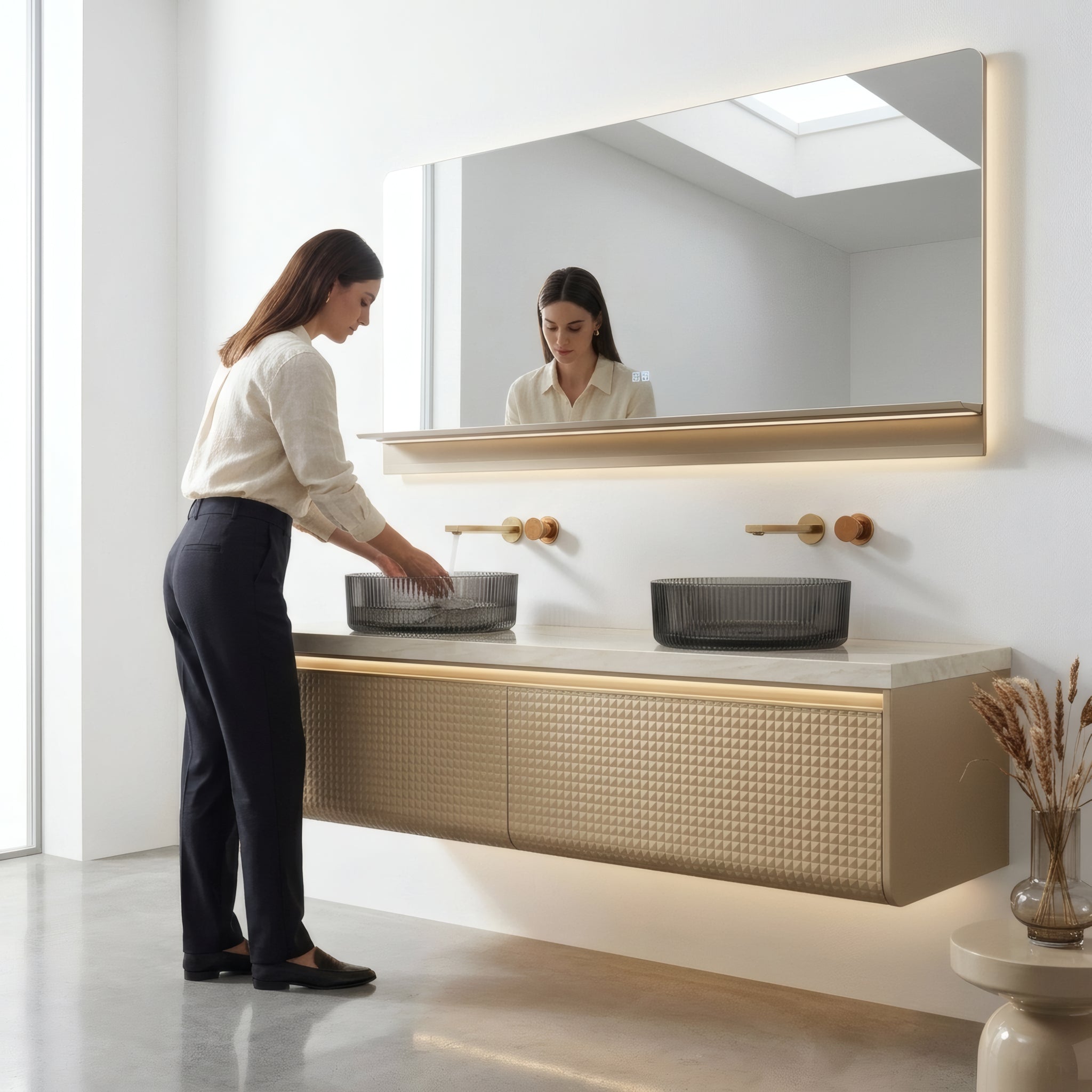 71" Champagne Wall-Mount Double Sink Vanity with Royal White Jade Marble Countertop