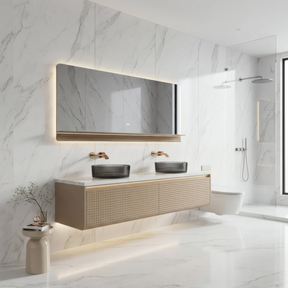 71" Champagne Wall-Mount Double Sink Vanity with Royal White Jade Marble Countertop