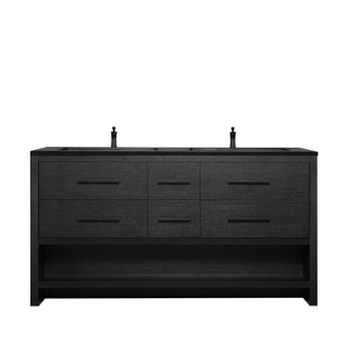 72" Black Rough Oak Freestanding Bathroom Vanity with Black Engineered Quartz Countertop