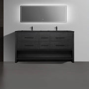 Meuble-lavabo de salle de bain autoportant en chêne brut noir de 72" avec Comptoir en quartz noir reconstitué