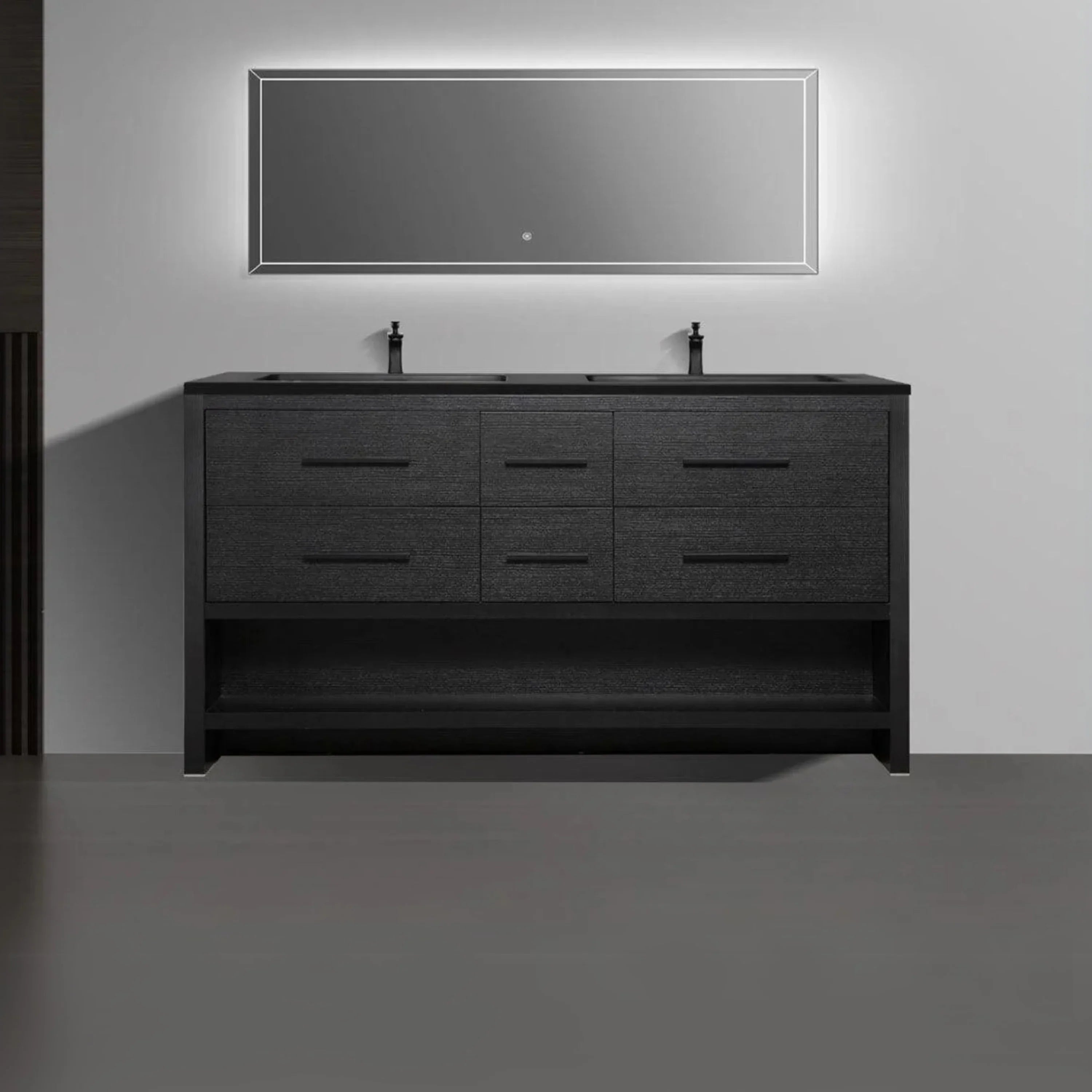 72" Black Rough Oak Freestanding Bathroom Vanity with Black Engineered Quartz Countertop