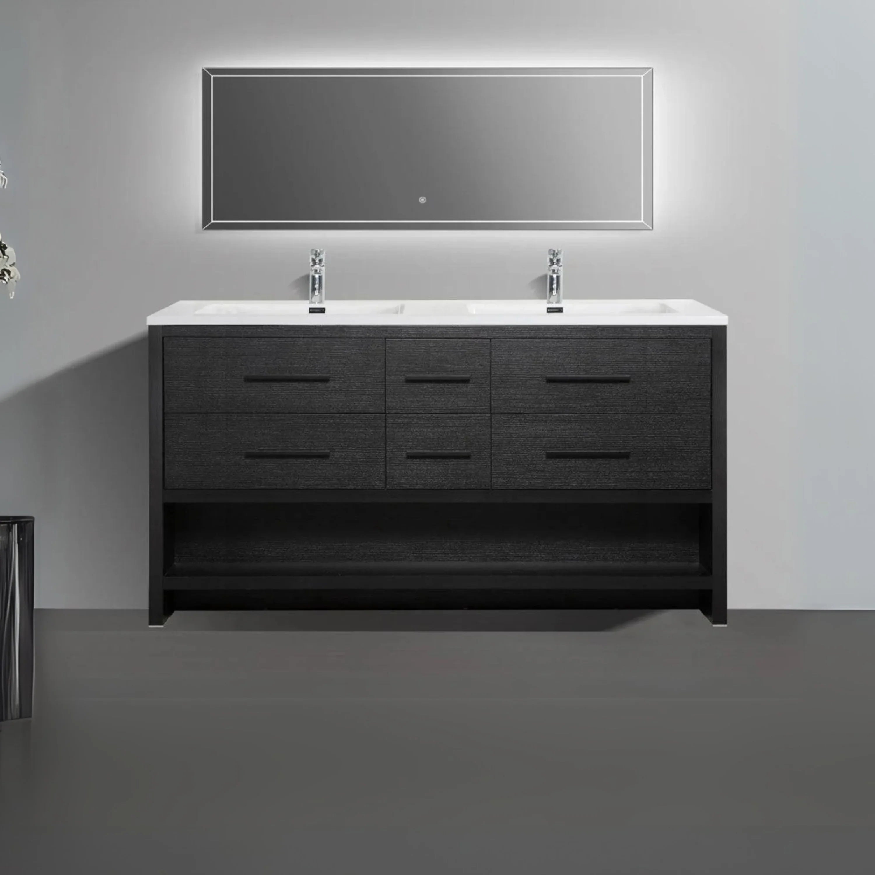 72" Black Rough Oak Freestanding Double Sink Bathroom Vanity with White Polymarble Countertop