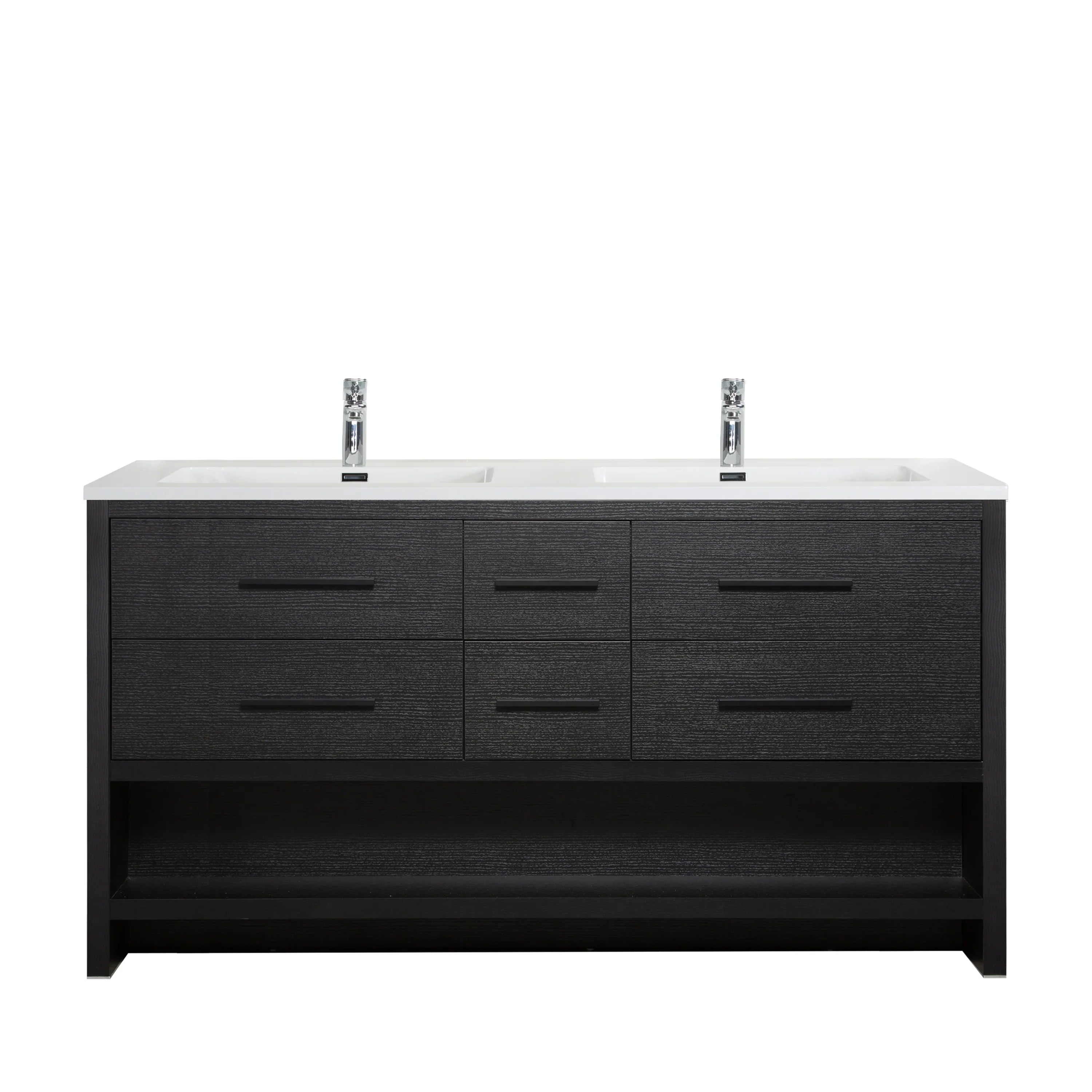 72" Black Rough Oak Freestanding Double Sink Bathroom Vanity with White Polymarble Countertop