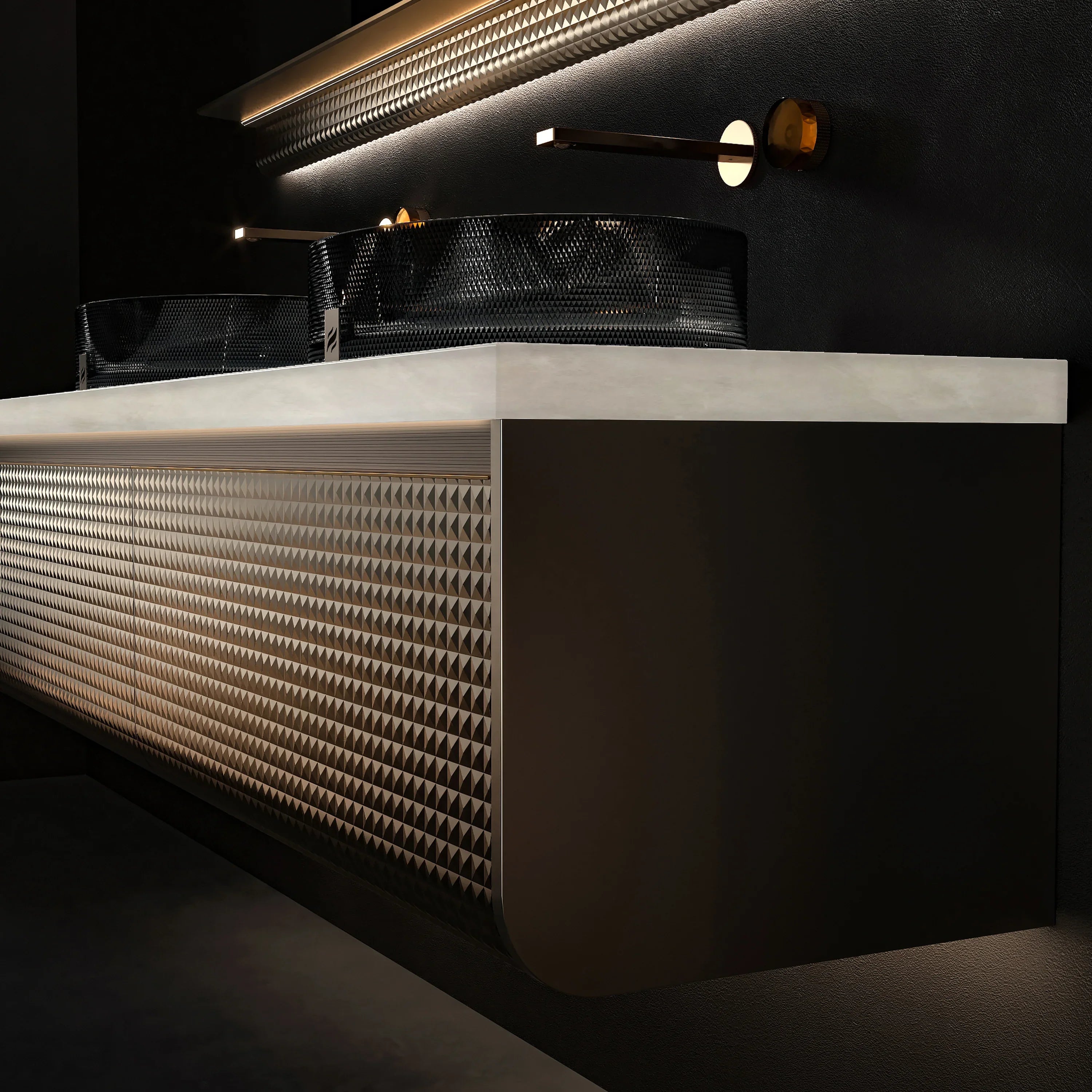 Meuble-lavabo Mural DEL 72 po Champagne avec Comptoir en Marbre Jade Blanc Royal et Double Vasques en Cristal