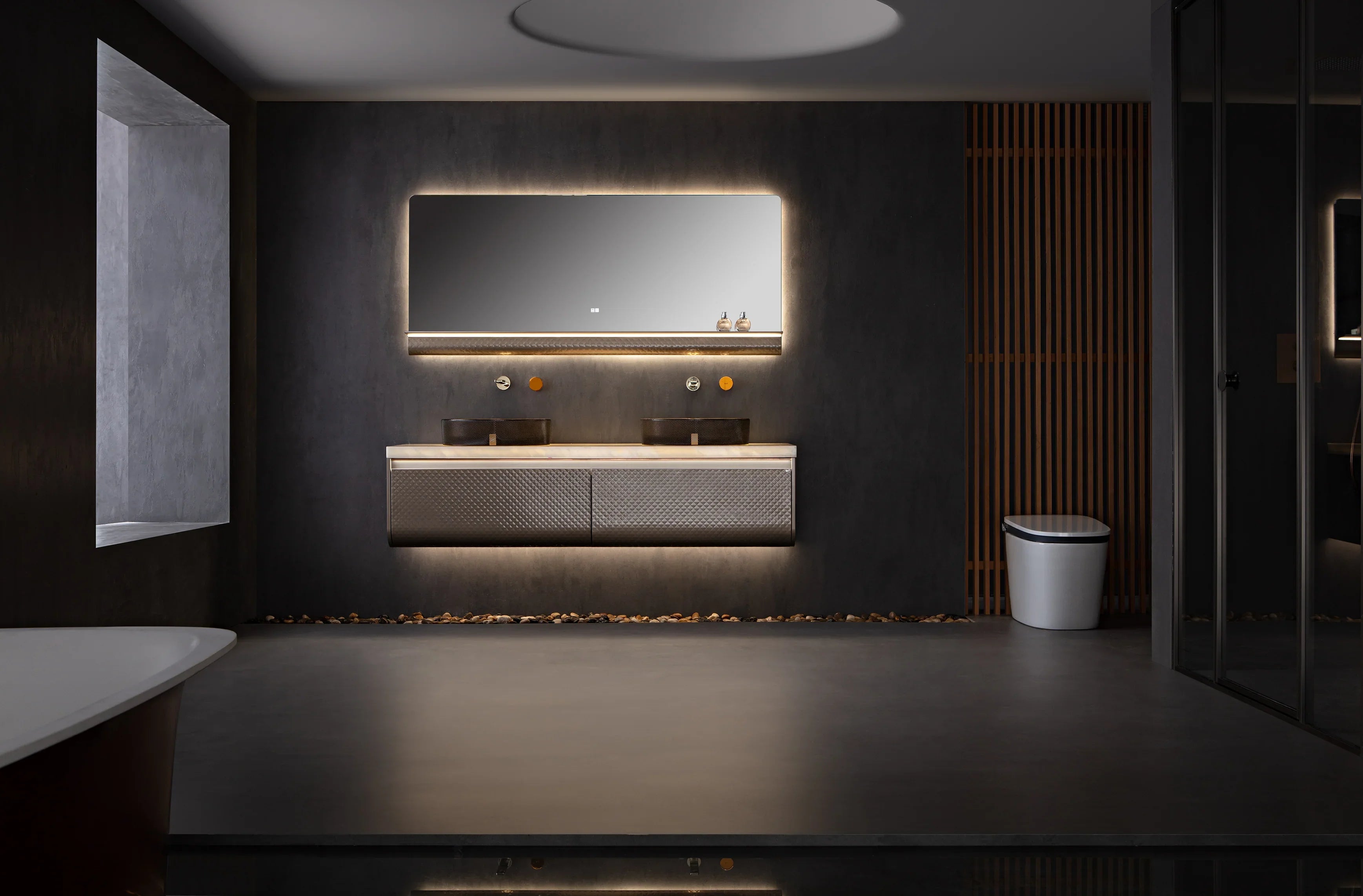 Meuble-lavabo Mural DEL 72 po Champagne avec Comptoir en Marbre Jade Blanc Royal et Double Vasques en Cristal