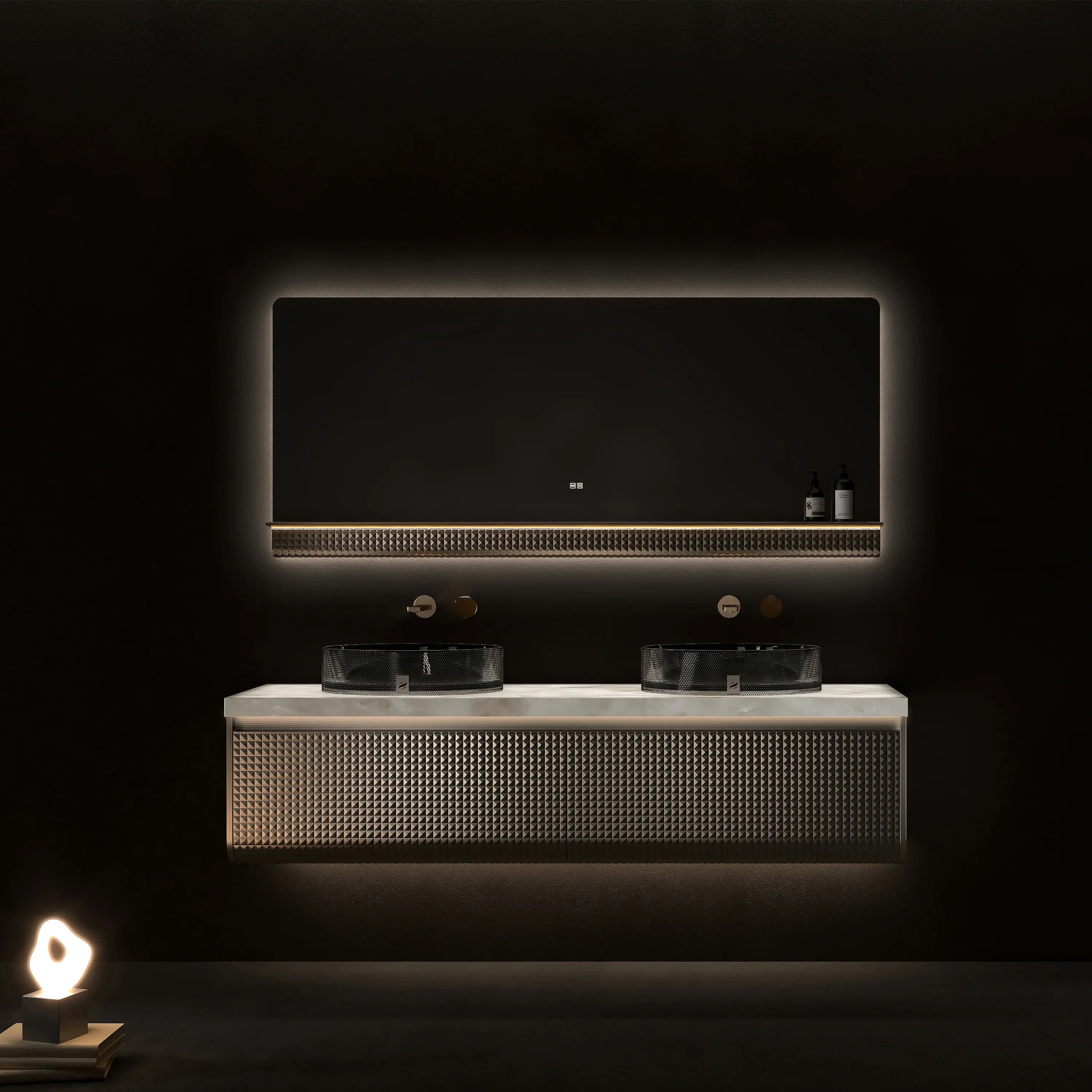 Meuble-lavabo Mural DEL 72 po Champagne avec Comptoir en Marbre Jade Blanc Royal et Double Vasques en Cristal