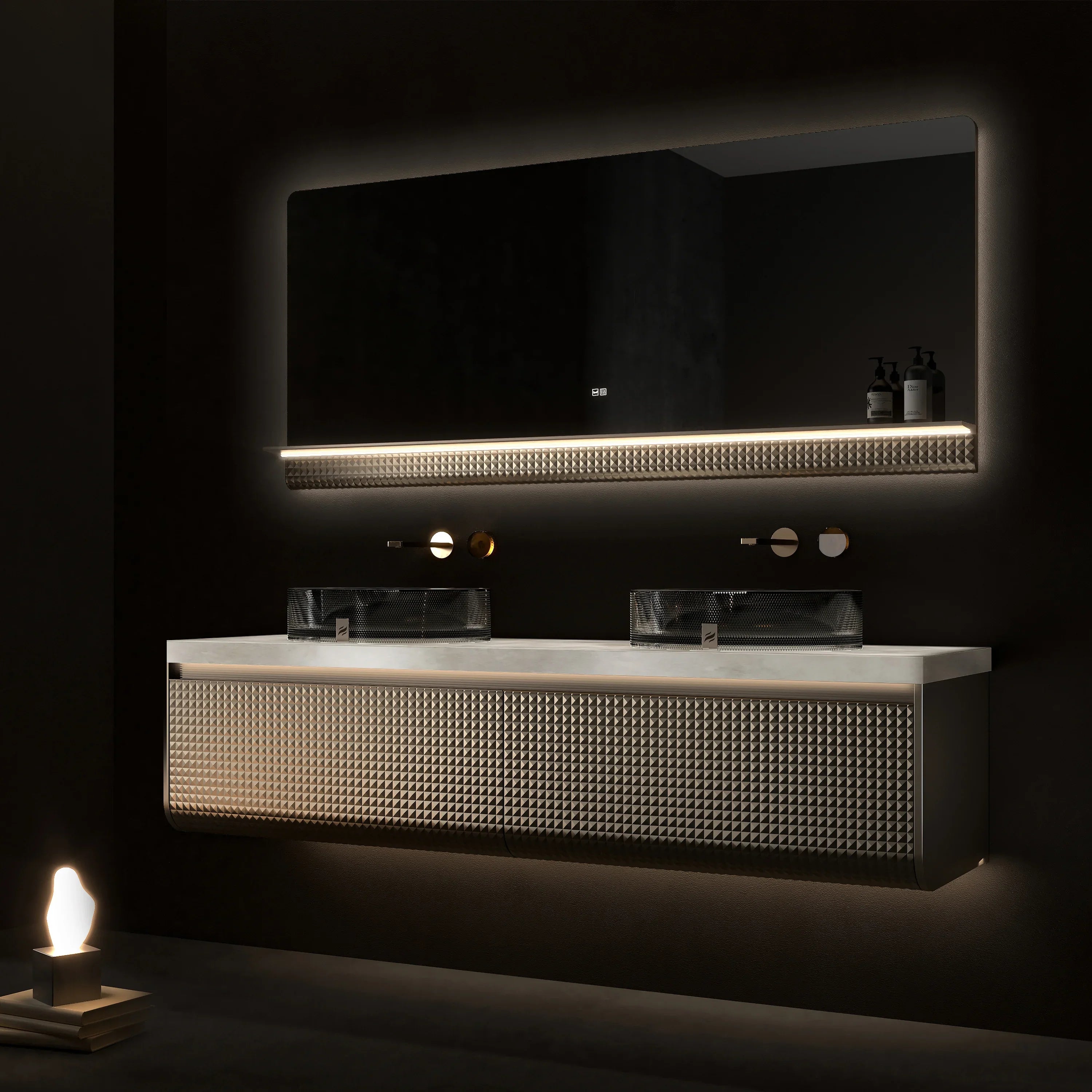 Meuble-lavabo Mural DEL 72 po Champagne avec Comptoir en Marbre Jade Blanc Royal et Double Vasques en Cristal