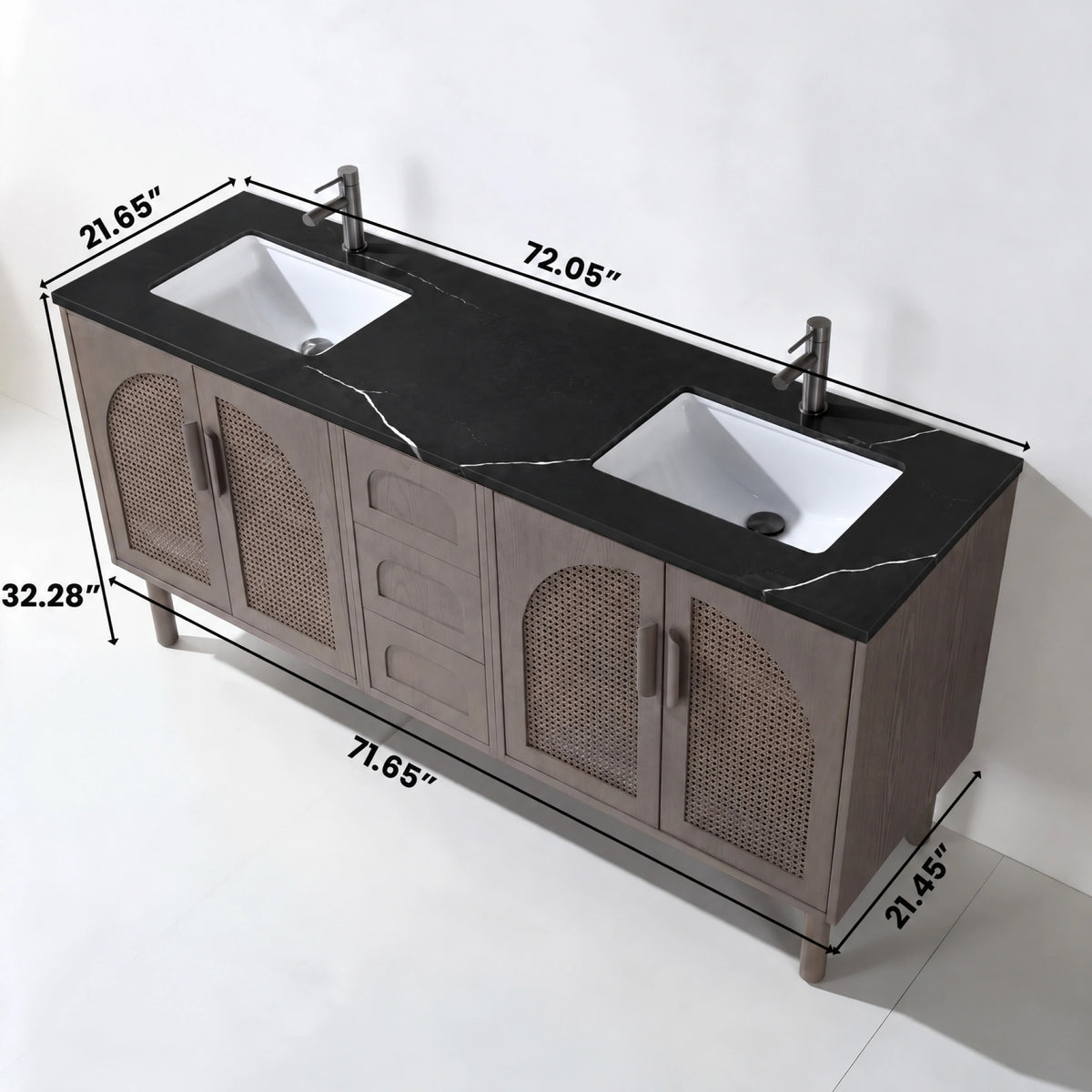 72" Chestnut Oak Freestanding Double Sinks Bathroom Vanity with Black Marquina Quartz Countertop
